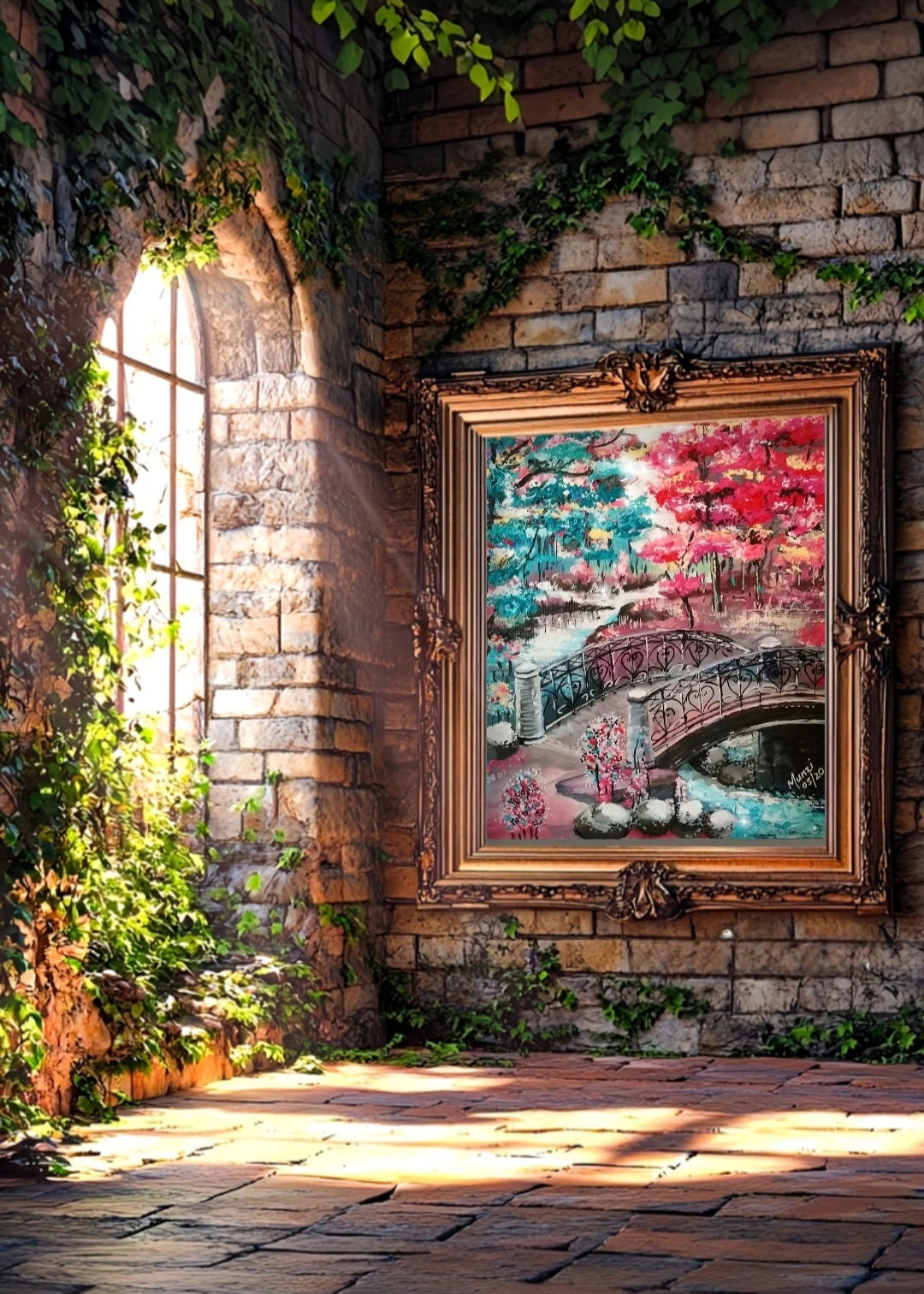 A vibrant artwork featuring abstract landscapes and running water under ornate bridge. Blue pink trees and flowers. Wall Art decor for home, office, studio, interior decor. Bridge over river and rocks . Sun shining. Abstract modern artwork.
