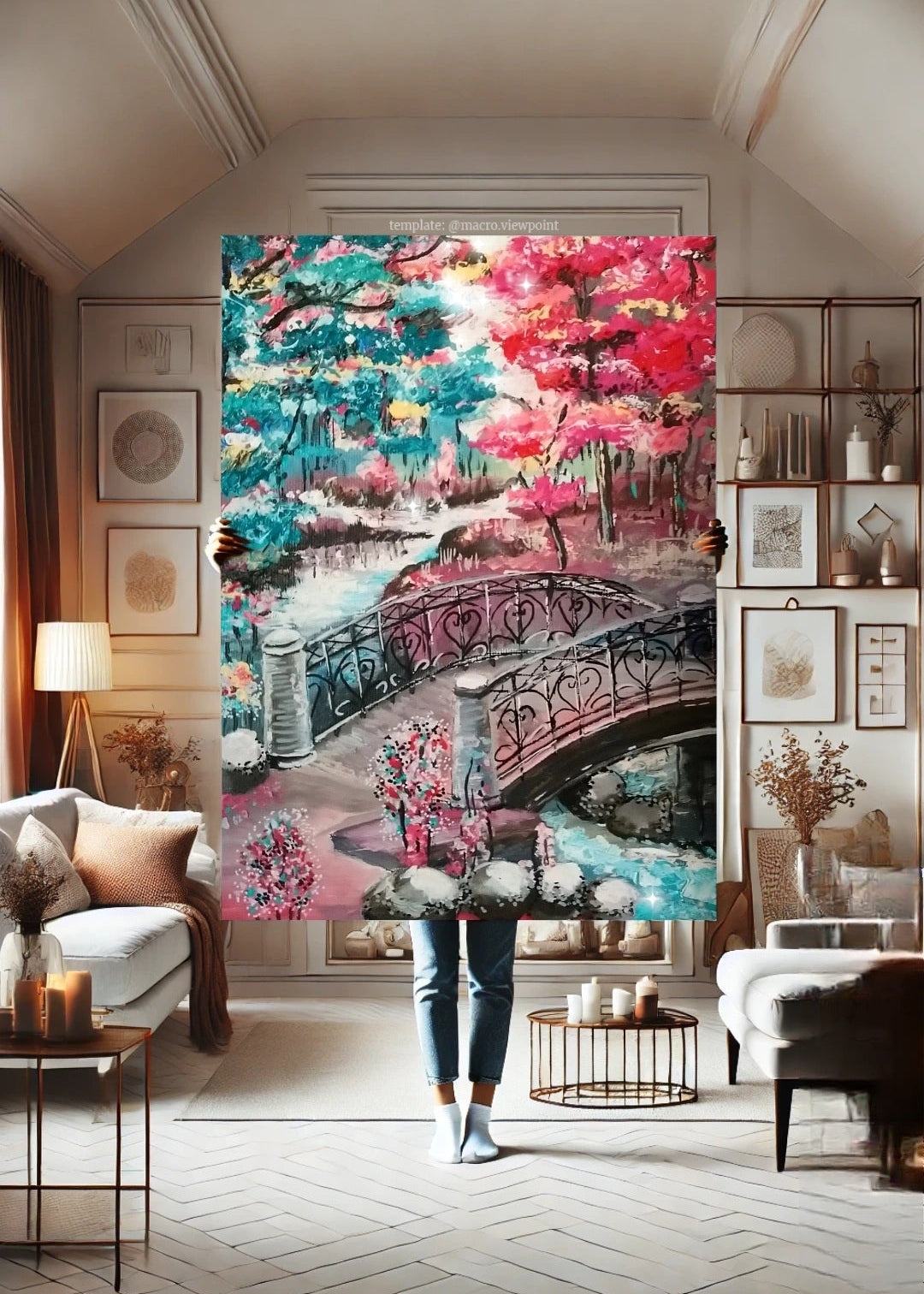 A vibrant artwork featuring abstract landscapes and running water under ornate bridge. Blue pink trees and flowers. Wall Art decor for home, office, studio, interior decor. Bridge over river and rocks . Sun shining. Abstract modern artwork.
