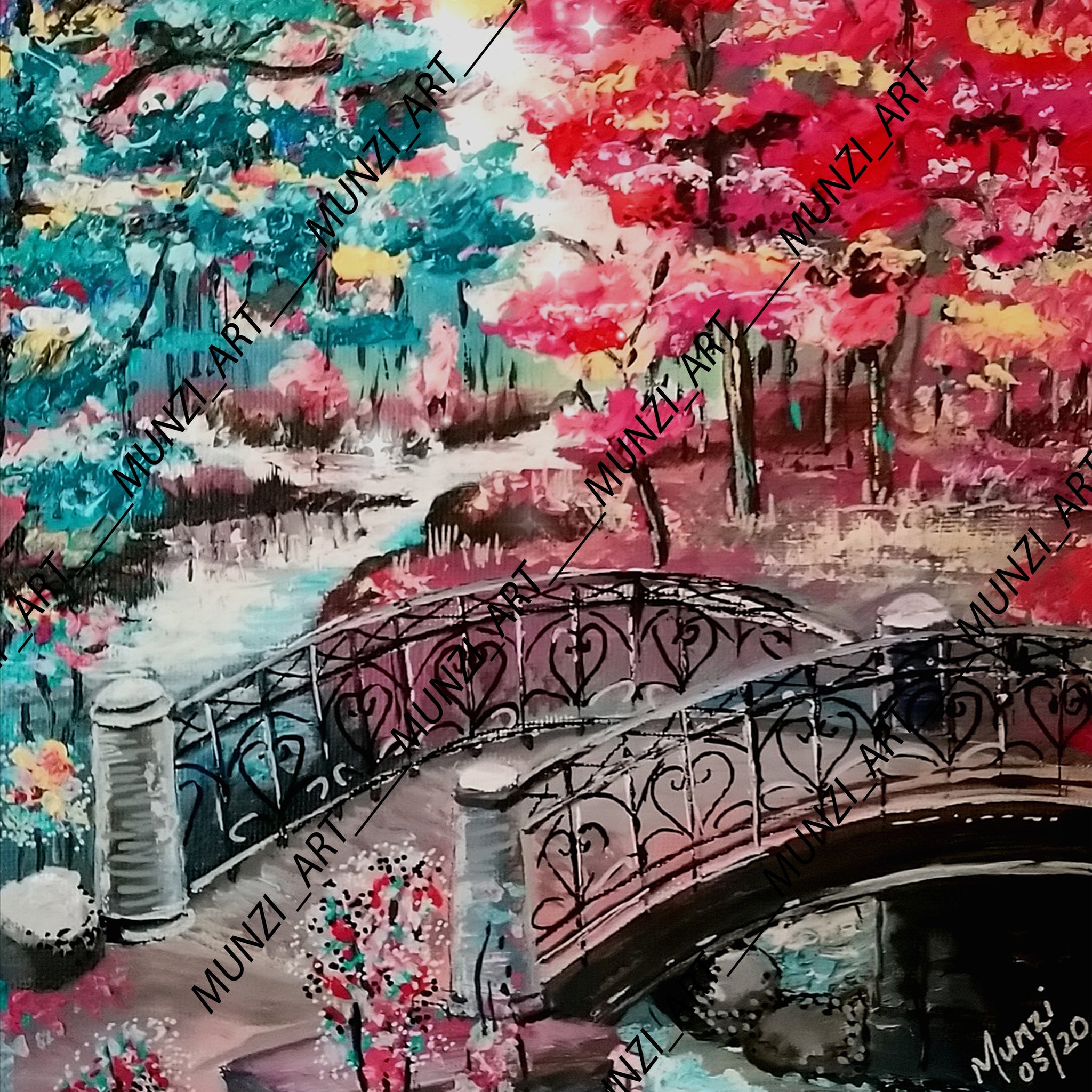 A vibrant artwork featuring abstract landscapes and running water under ornate bridge. Blue pink trees and flowers. Wall Art decor for home, office, studio, interior decor. Bridge over river and rocks . Sun shining. Abstract modern artwork.