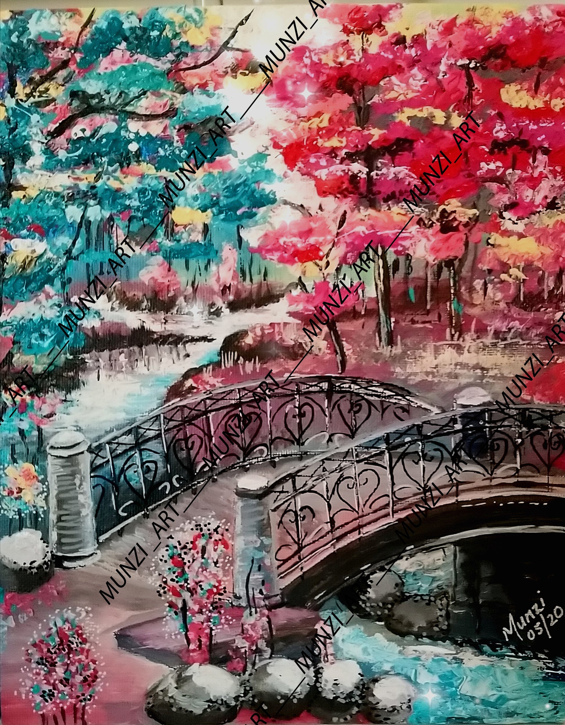 A vibrant artwork featuring abstract landscapes and running water under ornate bridge. Blue pink trees and flowers. Wall Art decor for home, office, studio, interior decor. Bridge over river and rocks . Sun shining. Abstract modern artwork.