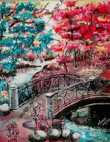 A vibrant artwork featuring abstract landscapes and running water under ornate bridge. Blue pink trees and flowers. Wall Art decor for home, office, studio, interior decor. Bridge over river and rocks . Sun shining. Abstract modern artwork.