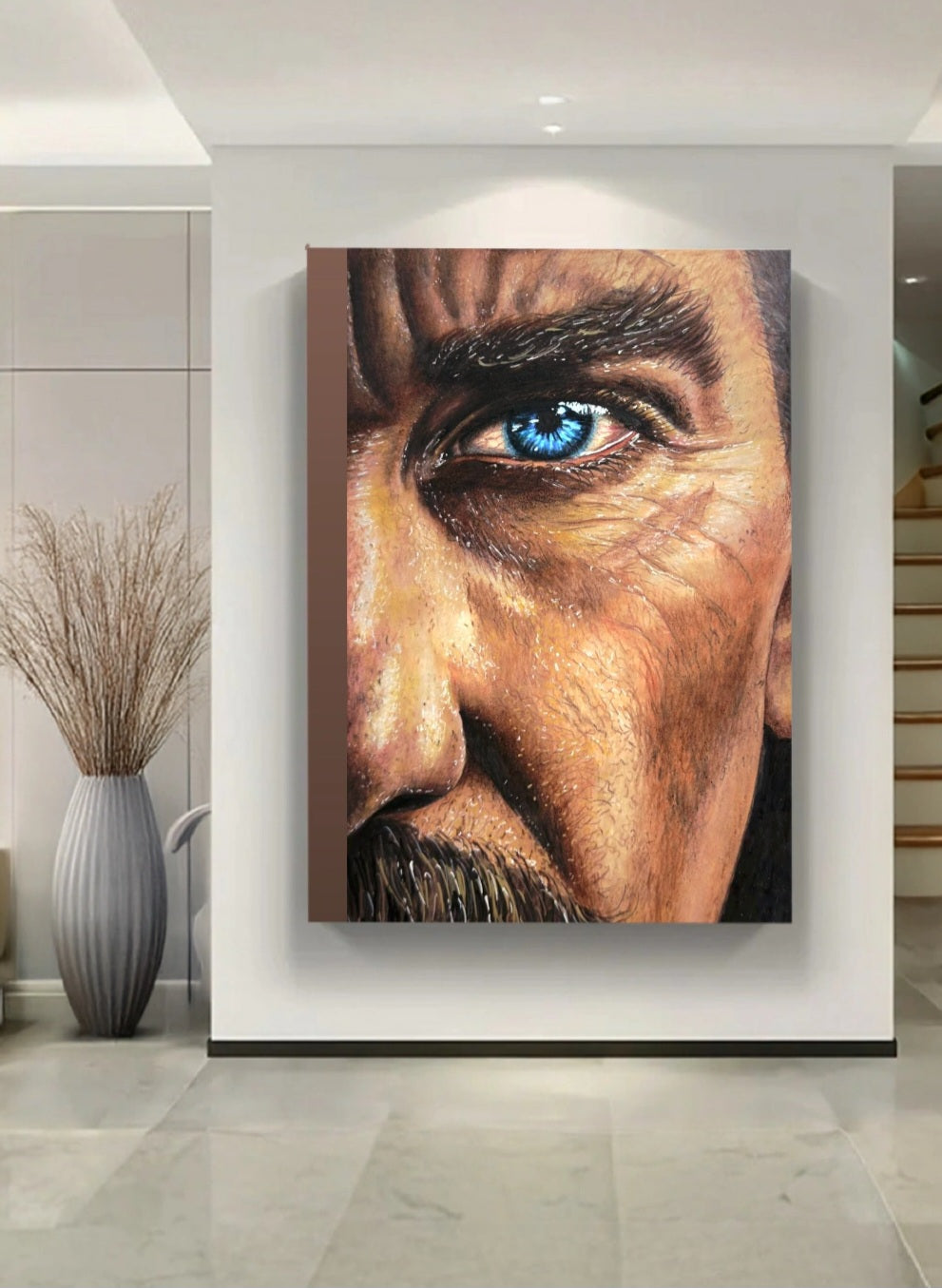 Huge artwork of A striking pencil portrait of Mustafa Kemal Ataturk. His bright blue eyes striking and watching through the universe. A powerful leader. in a white modern living room space