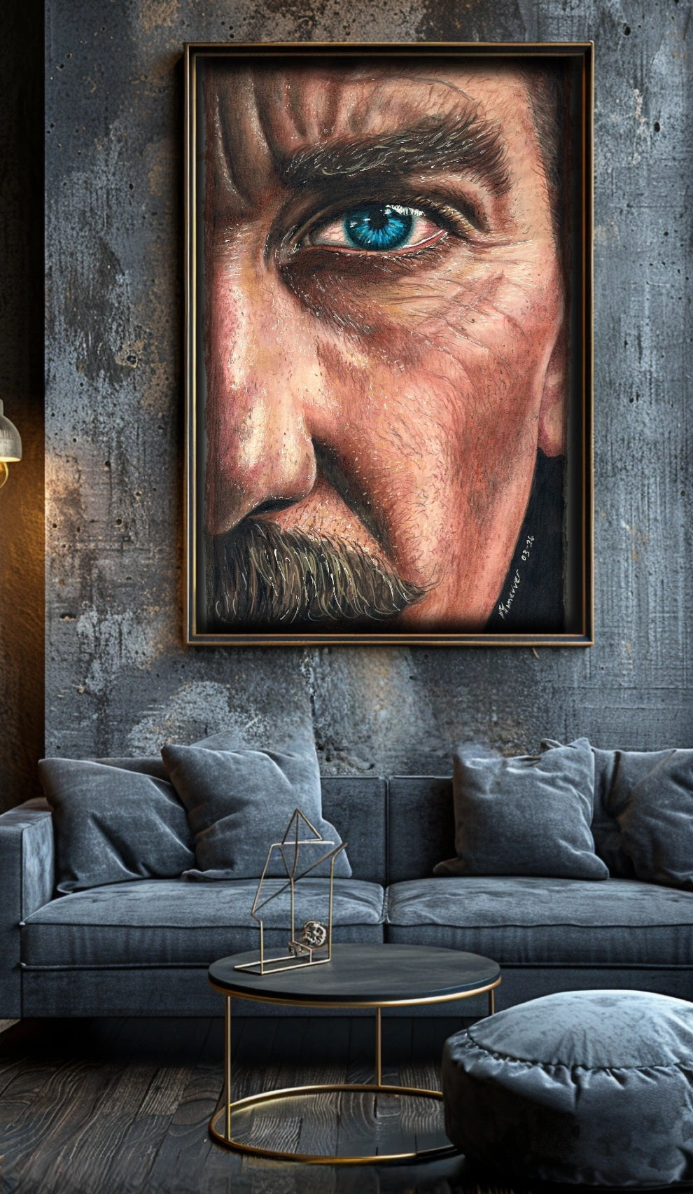 A striking pencil portrait of Mustafa Kemal Ataturk. His bright blue eyes striking and watching through the universe. A powerful leader