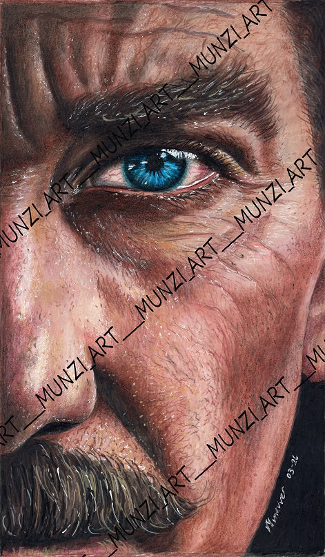 A striking pencil portrait of Mustafa Kemal Ataturk. His bright blue eyes striking and watching through the universe. A powerful leader