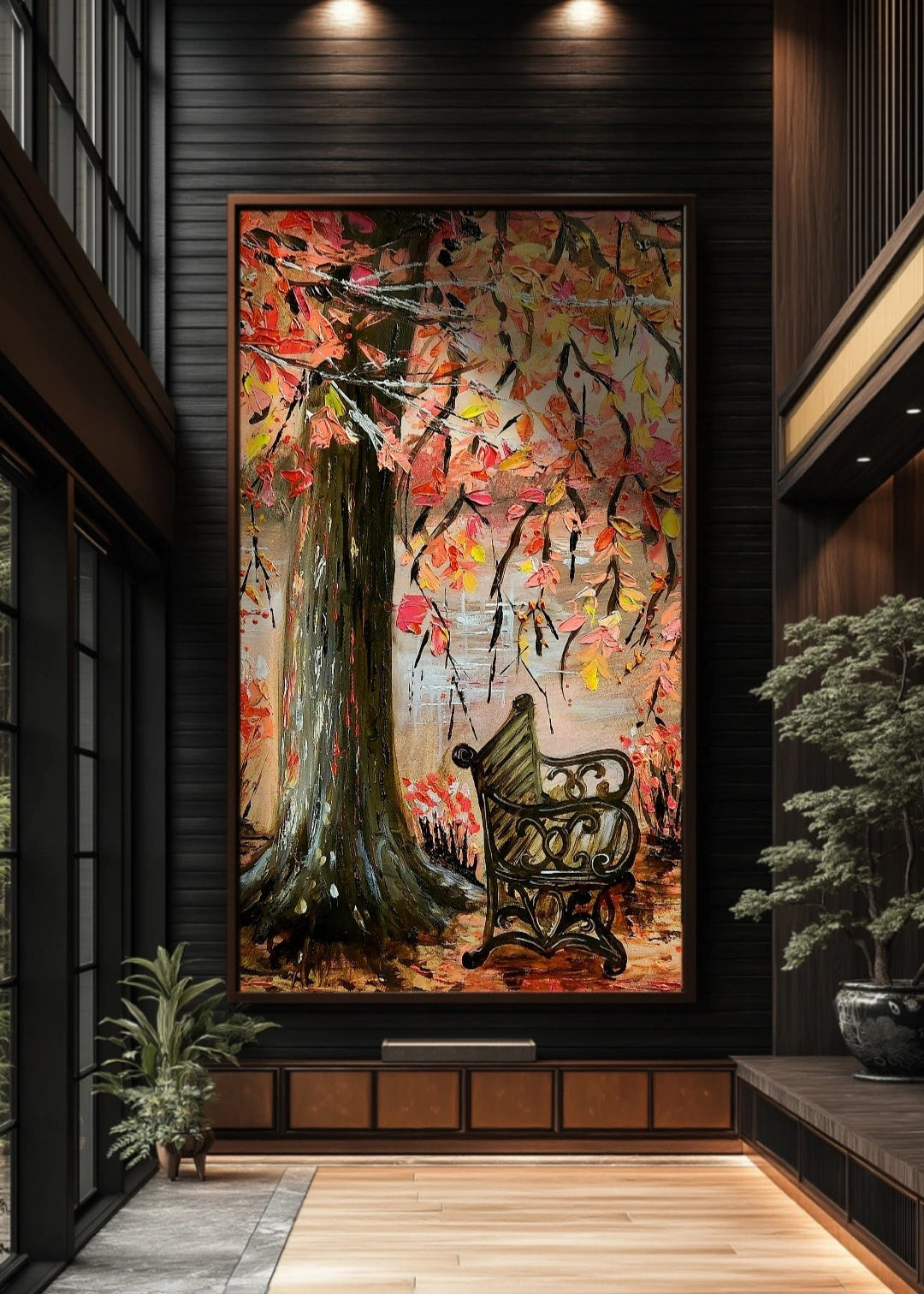 Decorative wall art of a tree with a bench in a modern interior setting.
A painting featuring an empty bench under a lonely tree stump with overhanging autumn leaves branches with a flowing river in the background. Original fine artwork. Wall decor. Interior design and decorations for home office studio, cafe. Artwork modern art.