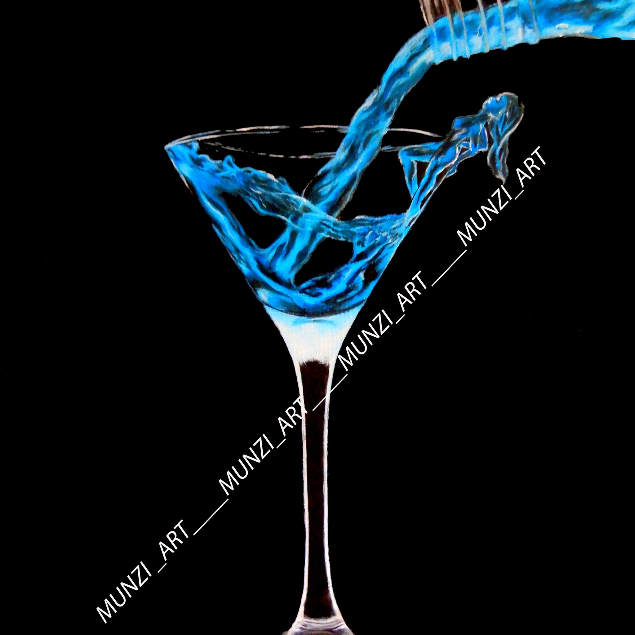 Original artwork of a martini glass with blue drink pouring from the bottle. As the drink splashes into the glass, it reveals a womans body arising from the glass mimicking the alcoholic drink. Modern decor artwork. Home or office decorations.