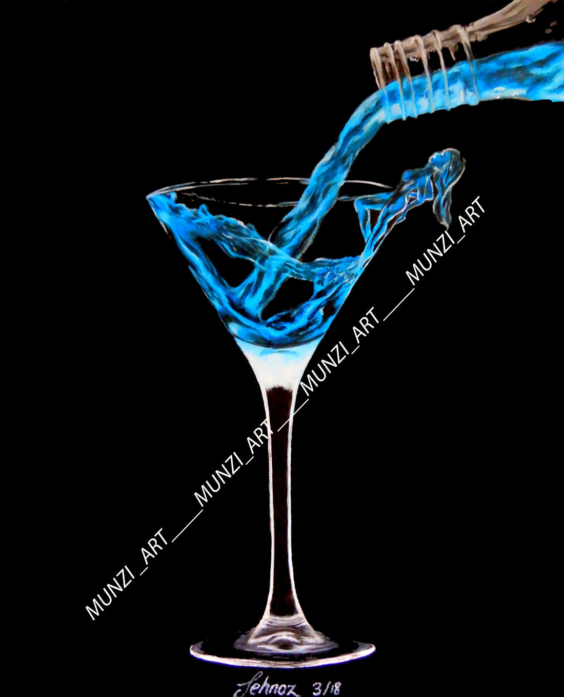 Original artwork of a martini glass with blue drink pouring from the bottle. As the drink splashes into the glass, it reveals a womans body arising from the glass mimicking the alcoholic drink. Modern decor artwork. Home or office decorations.