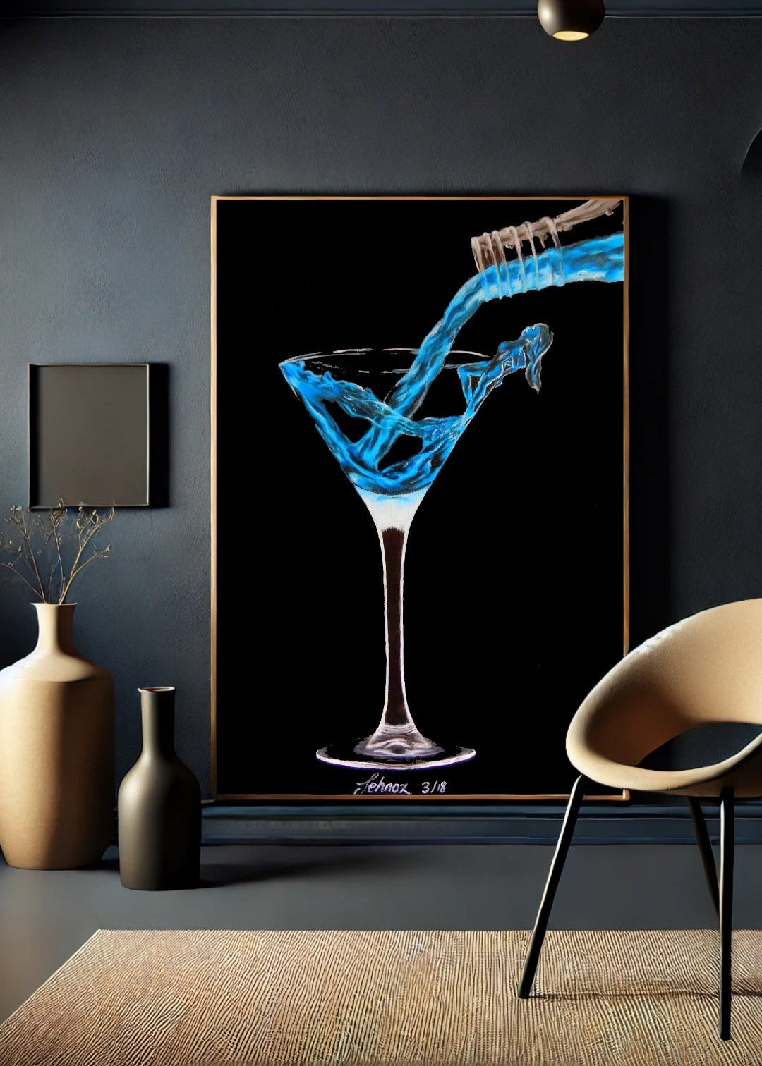 Original artwork of a martini glass with blue drink pouring from the bottle. As the drink splashes into the glass, it reveals a womans body arising from the glass mimicking the alcoholic drink. Modern decor artwork. Home or office decorations.