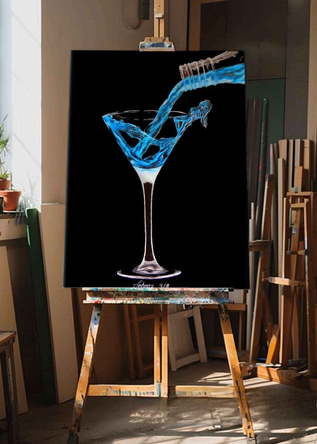 Artistic depiction of a blue liquid being poured into a martini glass on an easel in a studio setting. Original artwork of a martini glass with blue drink pouring from the bottle. As the drink splashes into the glass, it reveals a womans body arising from the glass mimicking the alcoholic drink. Modern decor artwork. Home or office decorations.