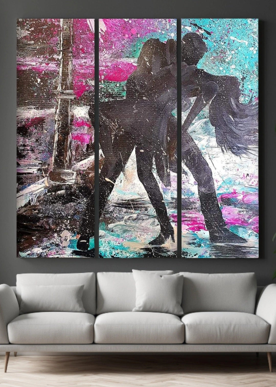 Triptych abstract painting on a wall above a gray sofa. Abstract painting. Wall art. Art decor for living room. lounge room. Movement with style. Love of movement and music. Love of dance. Couples dancing. Paint splatter with emotion.