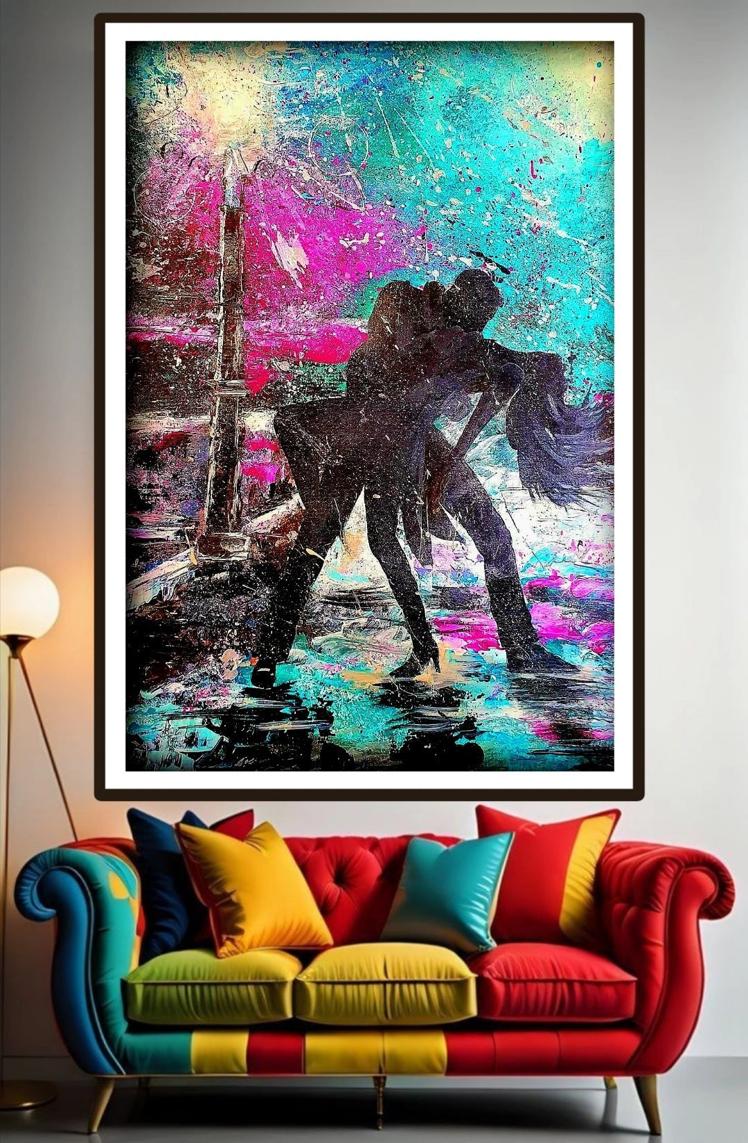 Colorful abstract painting of a couple dancing over a couch with colorful cushions. Colorful movement. Abstract painting. Wall art. Art decor for living room. lounge room. Movement with style. Love of movement and music. Love of dance. Couples dancing. Paint splatter with emotion. Inspiration for design. interior design.