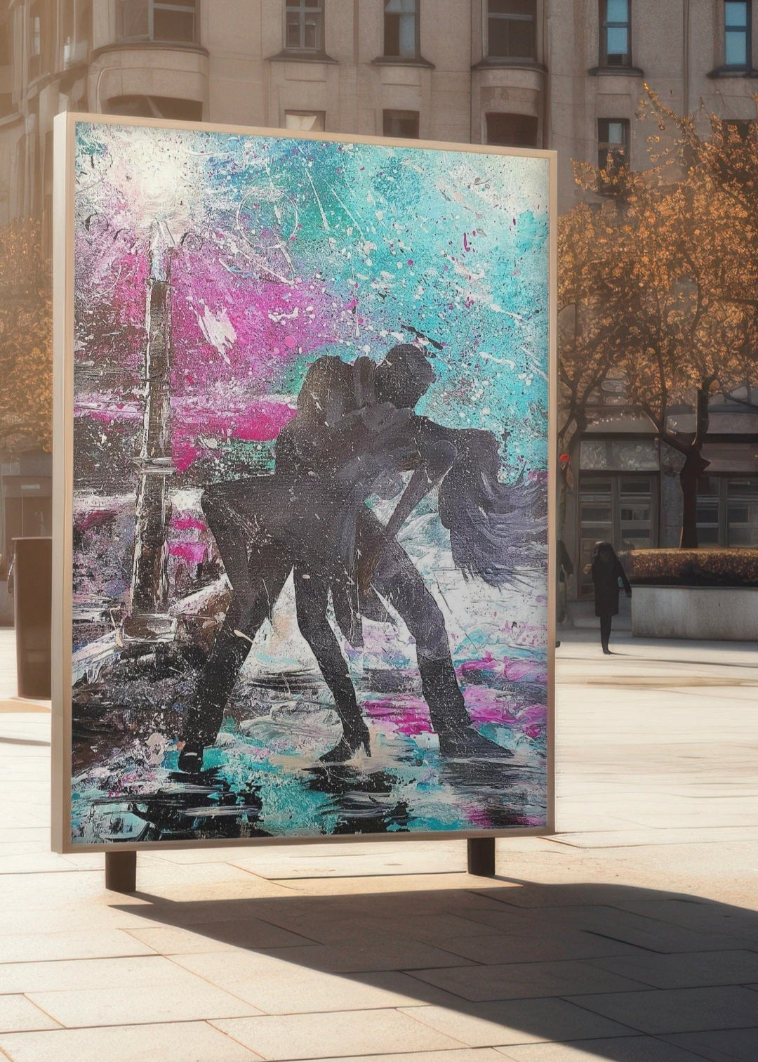 Abstract artwork of a couple embracing on a city street with a building in the background.
Street art with class and movement. Banner for advertisements. emotion for dance, loving embrace. sensual movement.
Abstract painting. movement with style. Love of movement and music. Love of dance. Couples dancing. Paint splatter with emotion. Inspiration for design. 