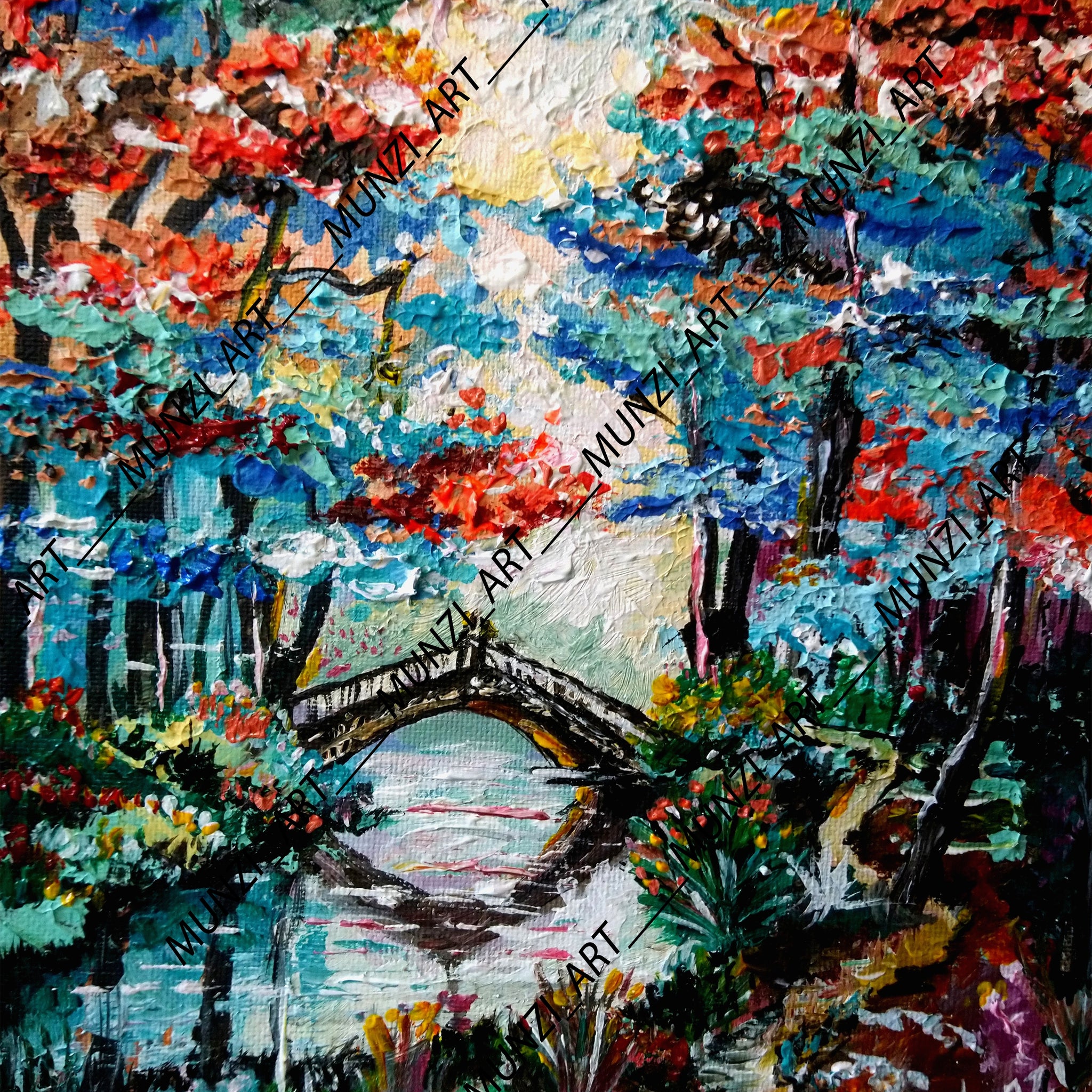 A vibrant artwork featuring abstract landscapes and running water reflections. Colorful abstract painting. Wall art. Art decor for living room. lounge room. Office decor.
Movement with style. Interior design inspirations. Bridge over waters.