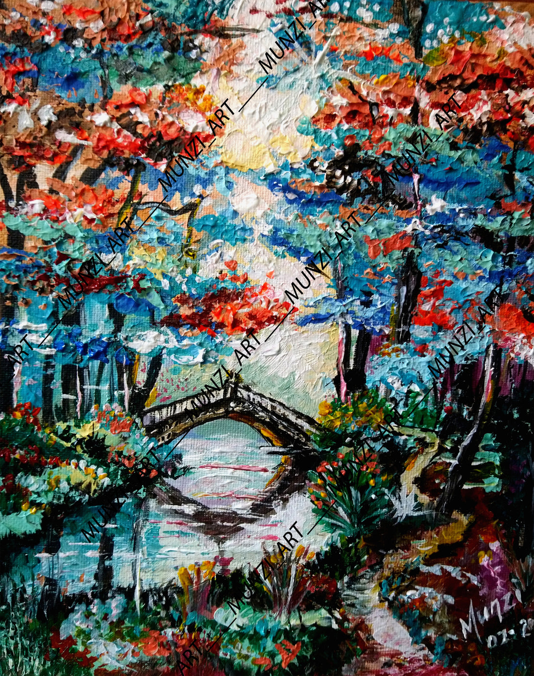 A vibrant artwork featuring abstract landscapes and running water reflections. Colorful abstract painting. Wall art. Art decor for living room. lounge room. Office decor.
Movement with style. Interior design inspirations. Bridge over waters.