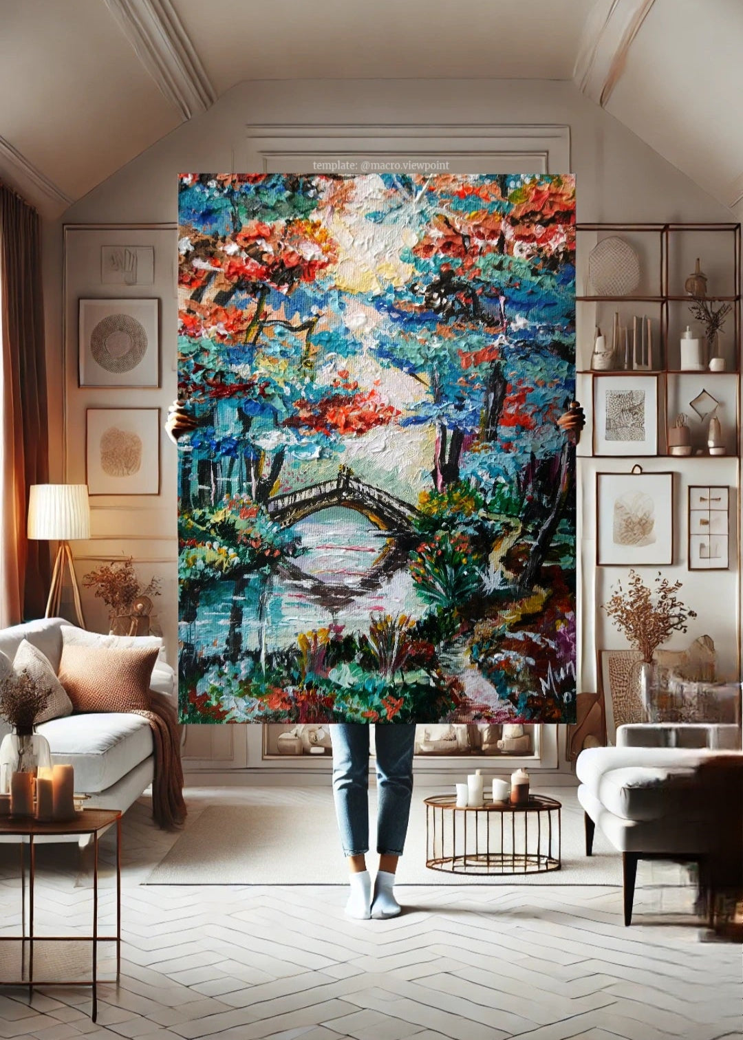 A vibrant artwork featuring abstract landscapes and running water reflections. Colorful abstract painting. Wall art. Art decor for living room. lounge room. Office decor.
Movement with style. Interior design inspirations. Bridge over waters.