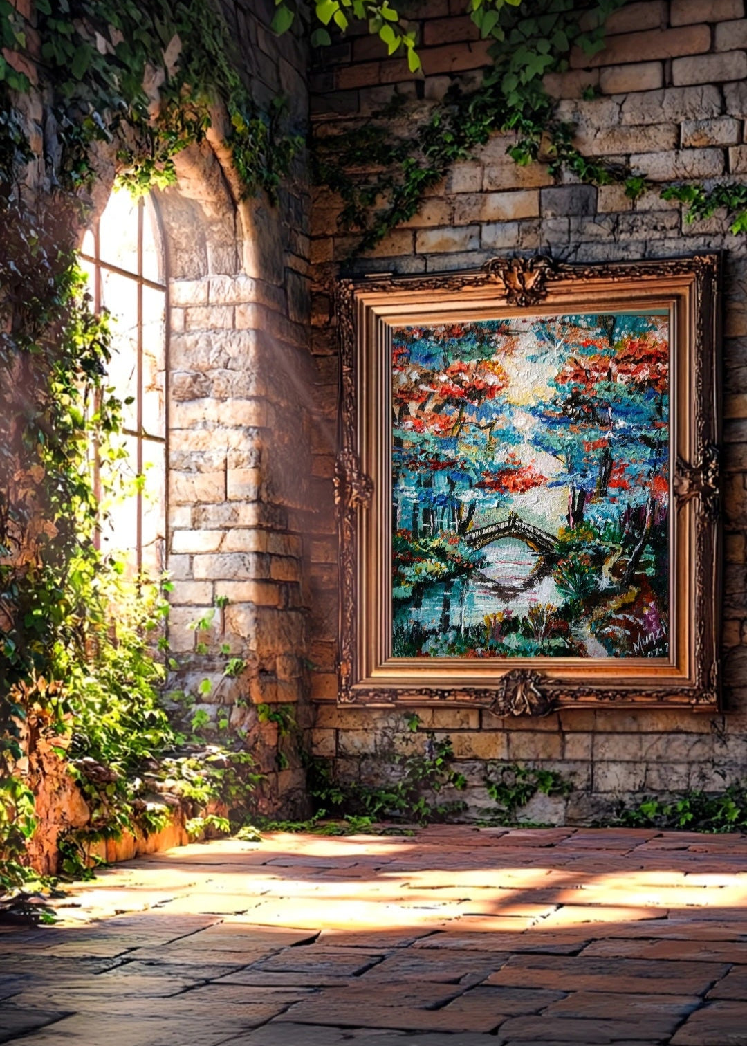 Framed painting on a stone wall with sunlight filtering through. Stone pebble walkway. Green foliage. A vibrant artwork featuring abstract landscapes and running water reflections. Colorful abstract painting. Wall art or Office decor.
Movement with style. Bridge over waters.