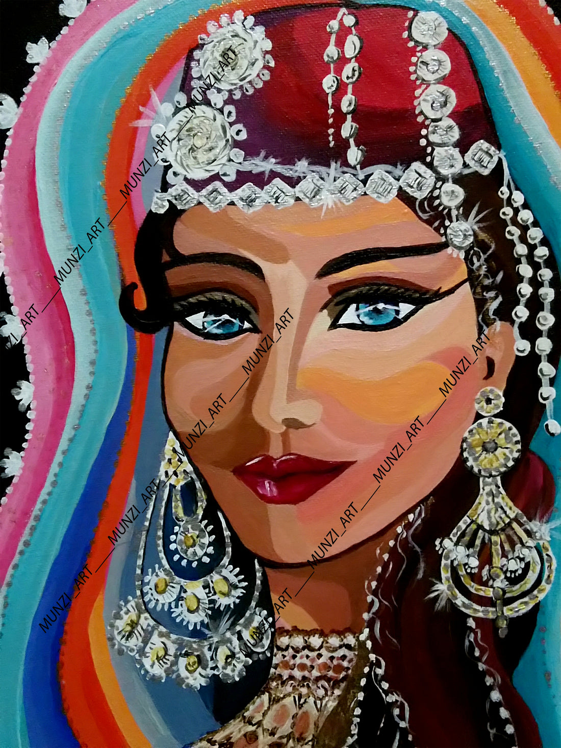 Original colorful artwork featuring a woman dressed in traditional Turkish costume with intricate details and bright colors. Red fez decorated with jewels and sheer fabrics. Folkdance dress. blue eyes. classic artwork for home, office, studio, art inspirations, delicate details. Interior design decor. Diamonds and pearls. 