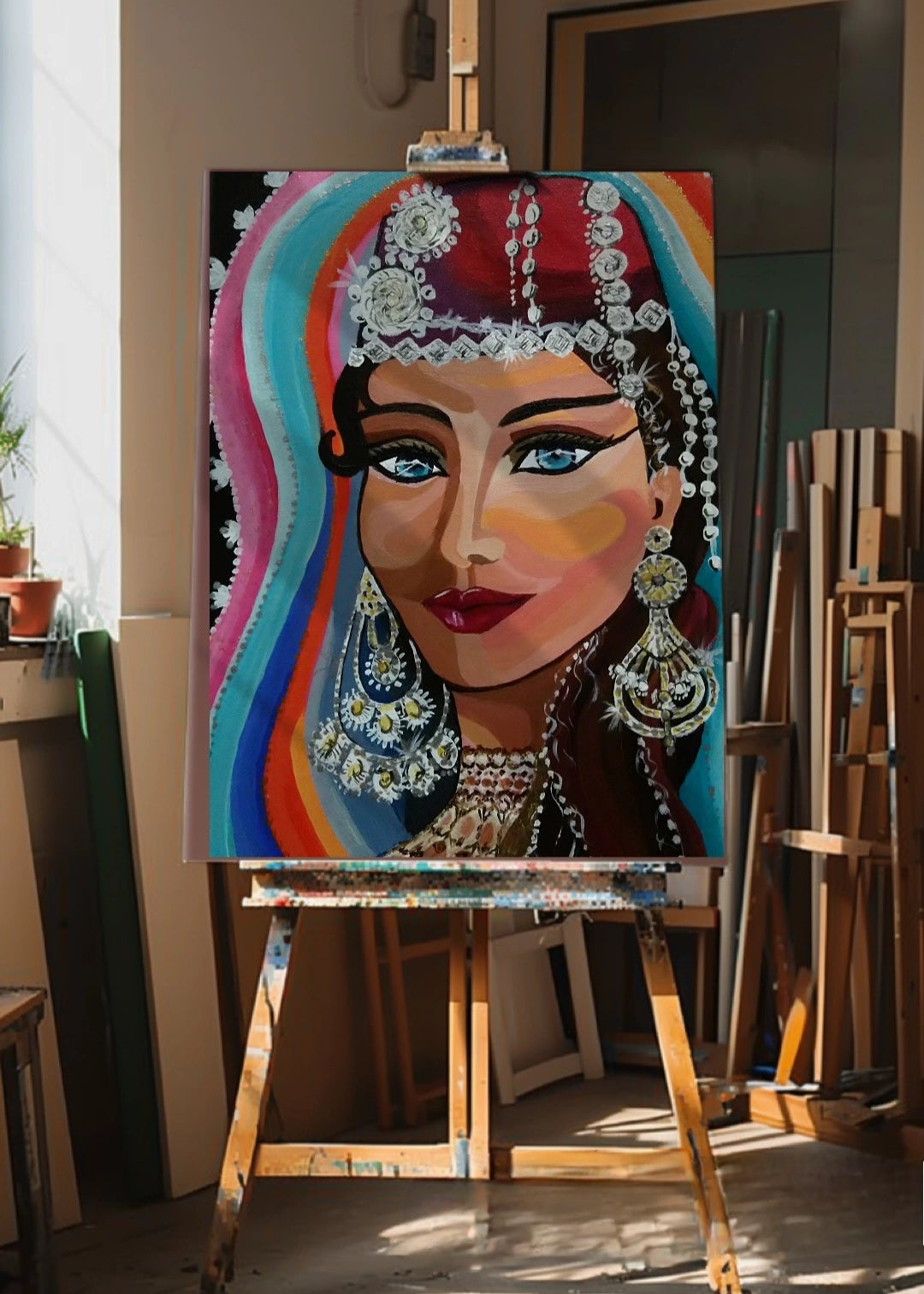 Colorful painting of a Turkish folk  woman's face on an easel in a studio setting. Original colorful artwork featuring a Turkish woman dressed in traditional costume with intricate details and bright colors. Red fez decorated with jewels and sheer fabrics. Folkdance dress. blue eyes. classic artwork for home, office, studio, art inspirations, delicate details. Interior design decor. Diamonds and pearls. 