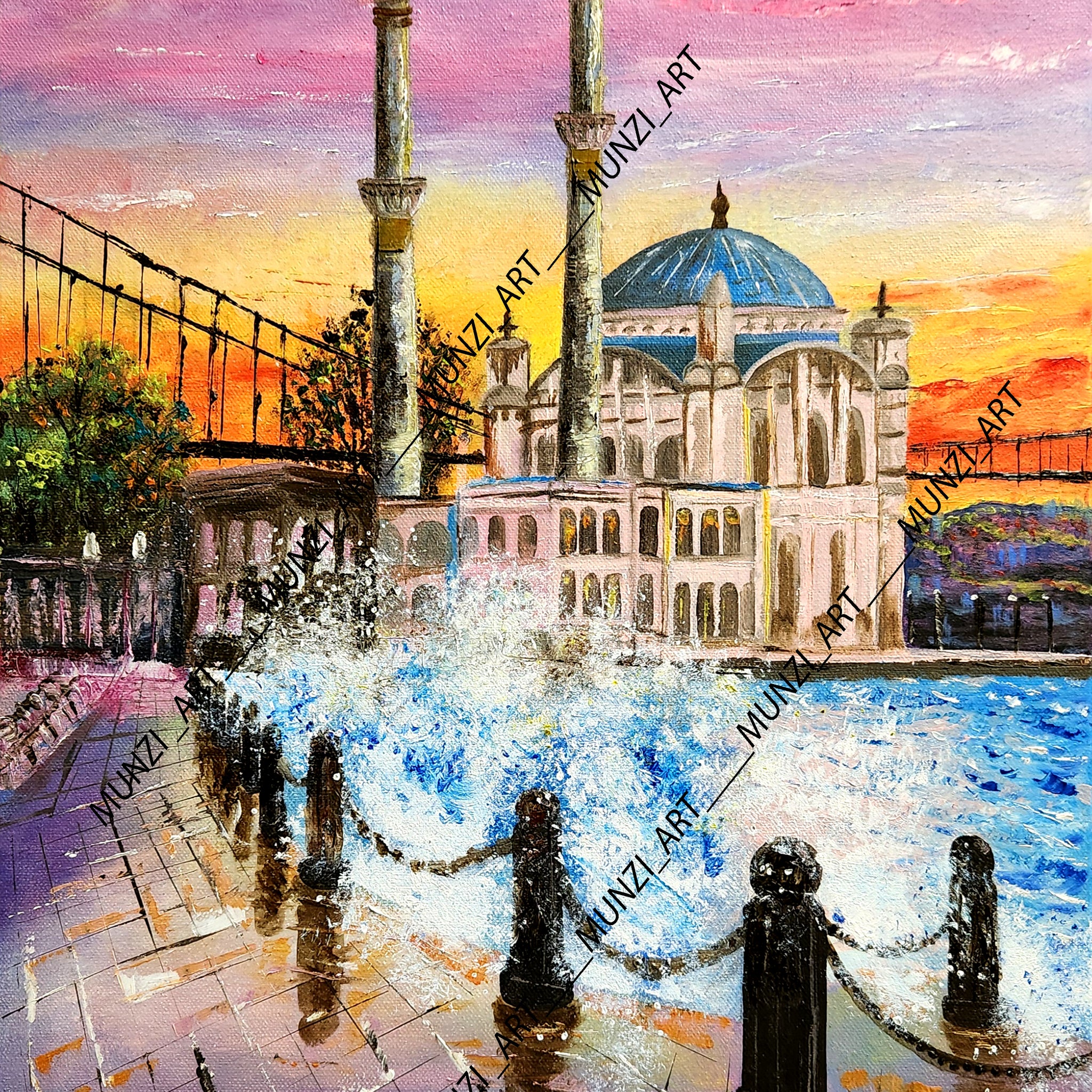 A vibrant painting capturing the Ortaköy Mosque and the Bosphorus with a dynamic sunset sky and reflecting water. Waves crashing on the shore. Wall art home decor.