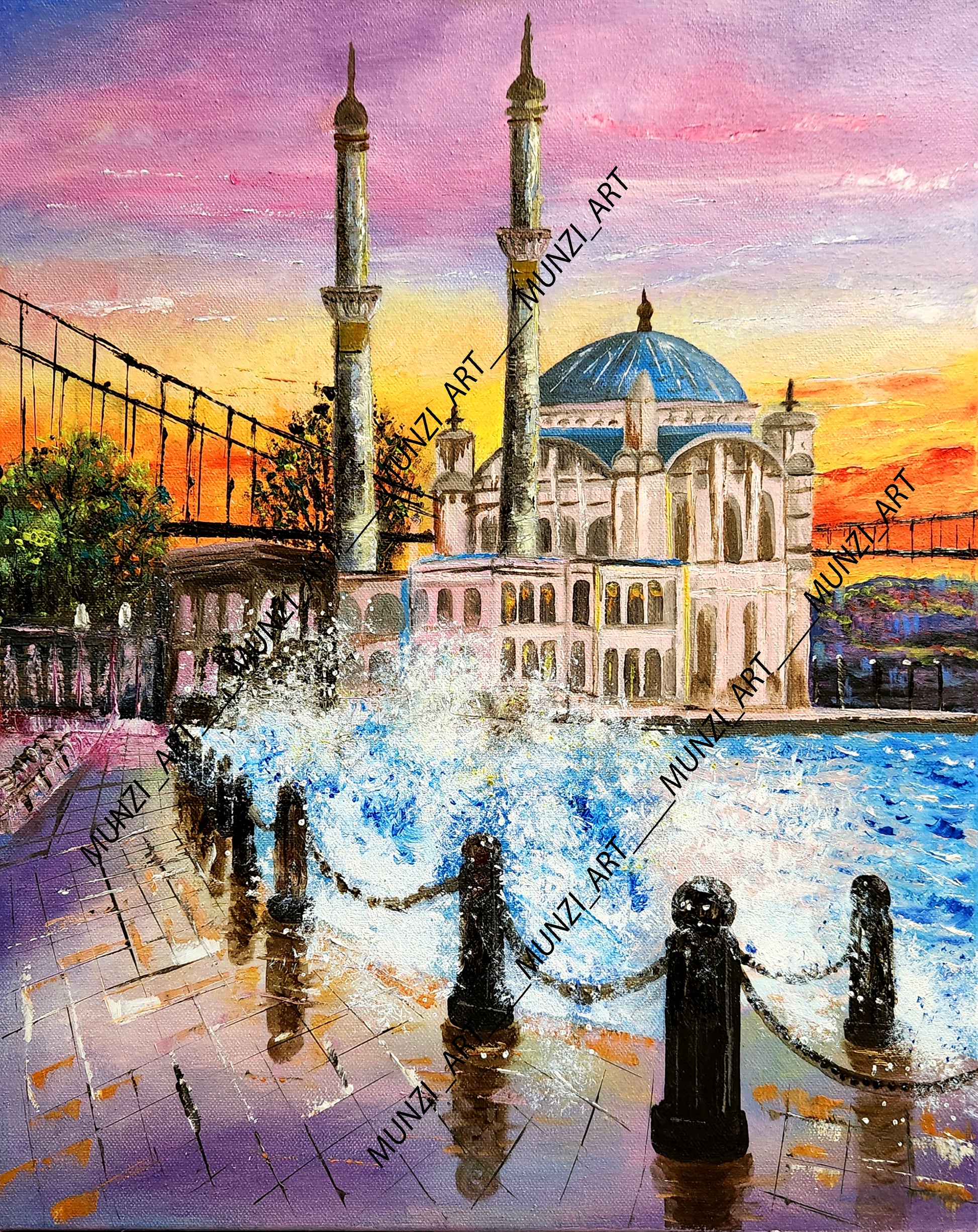A vibrant painting capturing the Ortaköy Mosque and the Bosphorus with a dynamic sunset sky and reflecting water. Waves crashing on the shore. Wall art home decor.