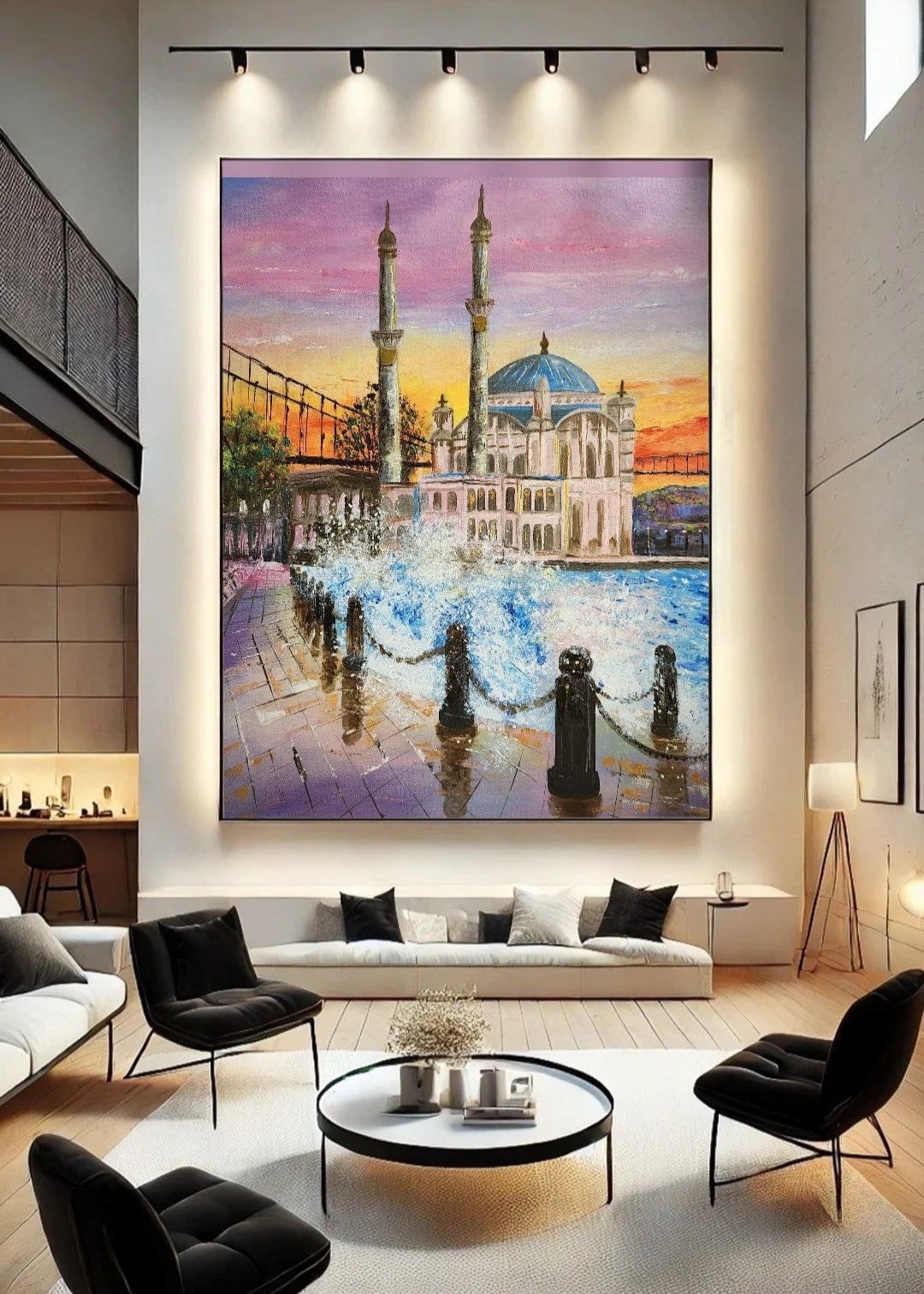 Modern living room with a large painting of a mosque on the wall. A vibrant painting capturing the Ortaköy Mosque and the Bosphorus with a dynamic sunset sky and reflecting water. Waves crashing on the shore. Wall art home decor.