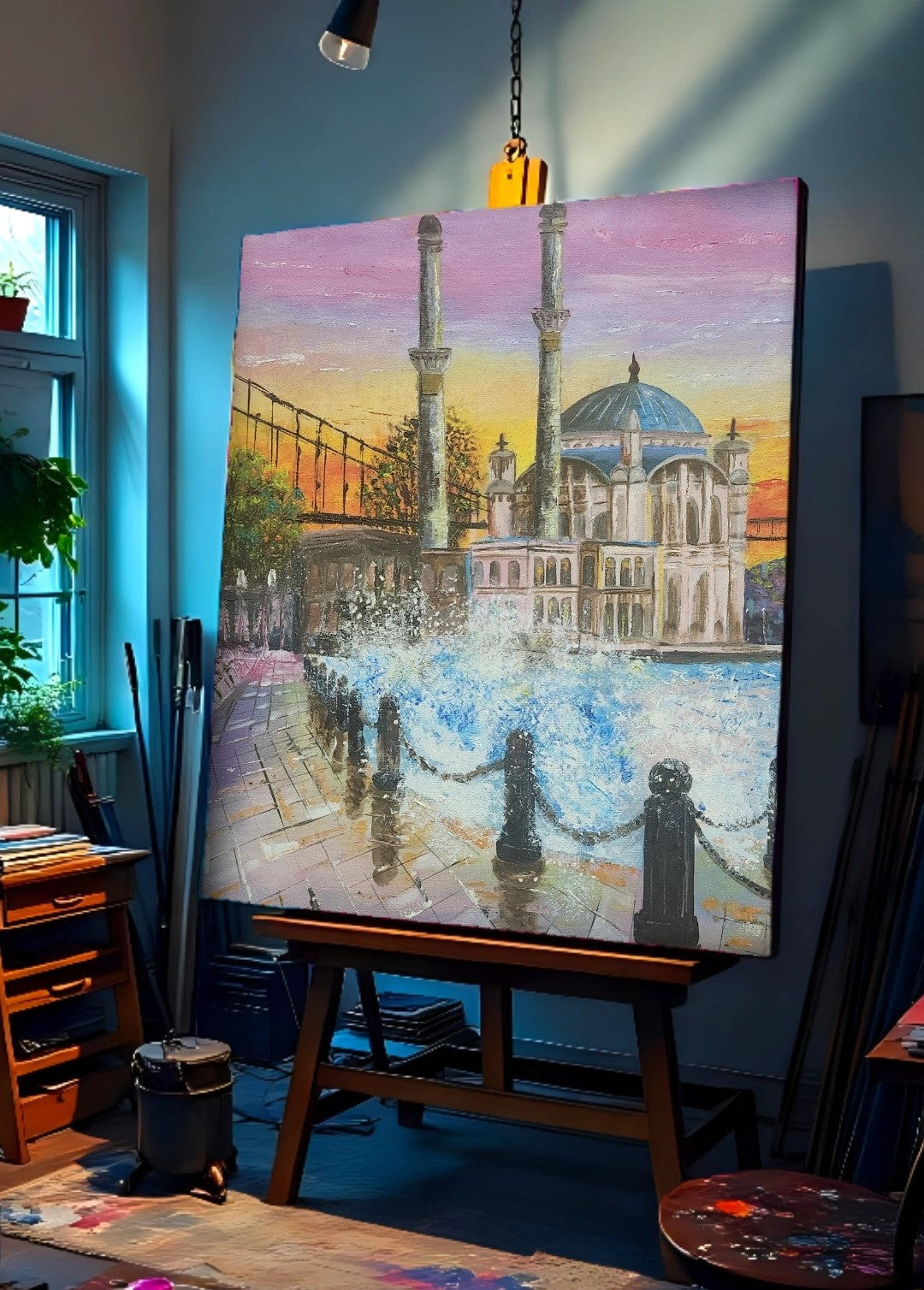 Painting of Ortaköy Mosque and the Bosphorus with a dynamic sunset sky and reflecting water and waves crashing on the shore, set on an artist easel in a studio setting
