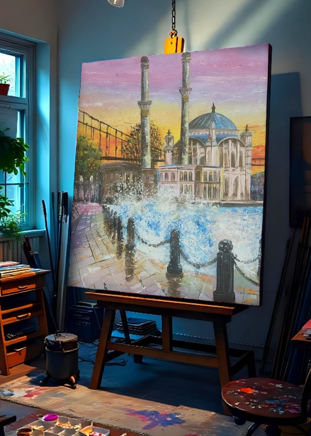 A vibrant painting capturing the Ortaköy Mosque and the Bosphorus with a dynamic sunset sky and reflecting water. Waves crashing on the shore set on an easel in art studio.