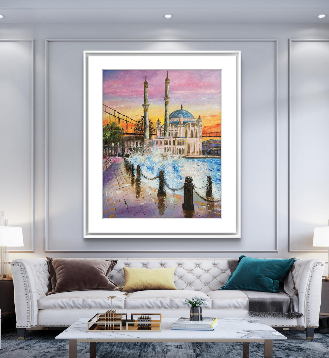 A vibrant painting capturing the Ortaköy Mosque and the Bosphorus with a dynamic sunset sky and reflecting water. Waves crashing on the shore. Wall art home decor.