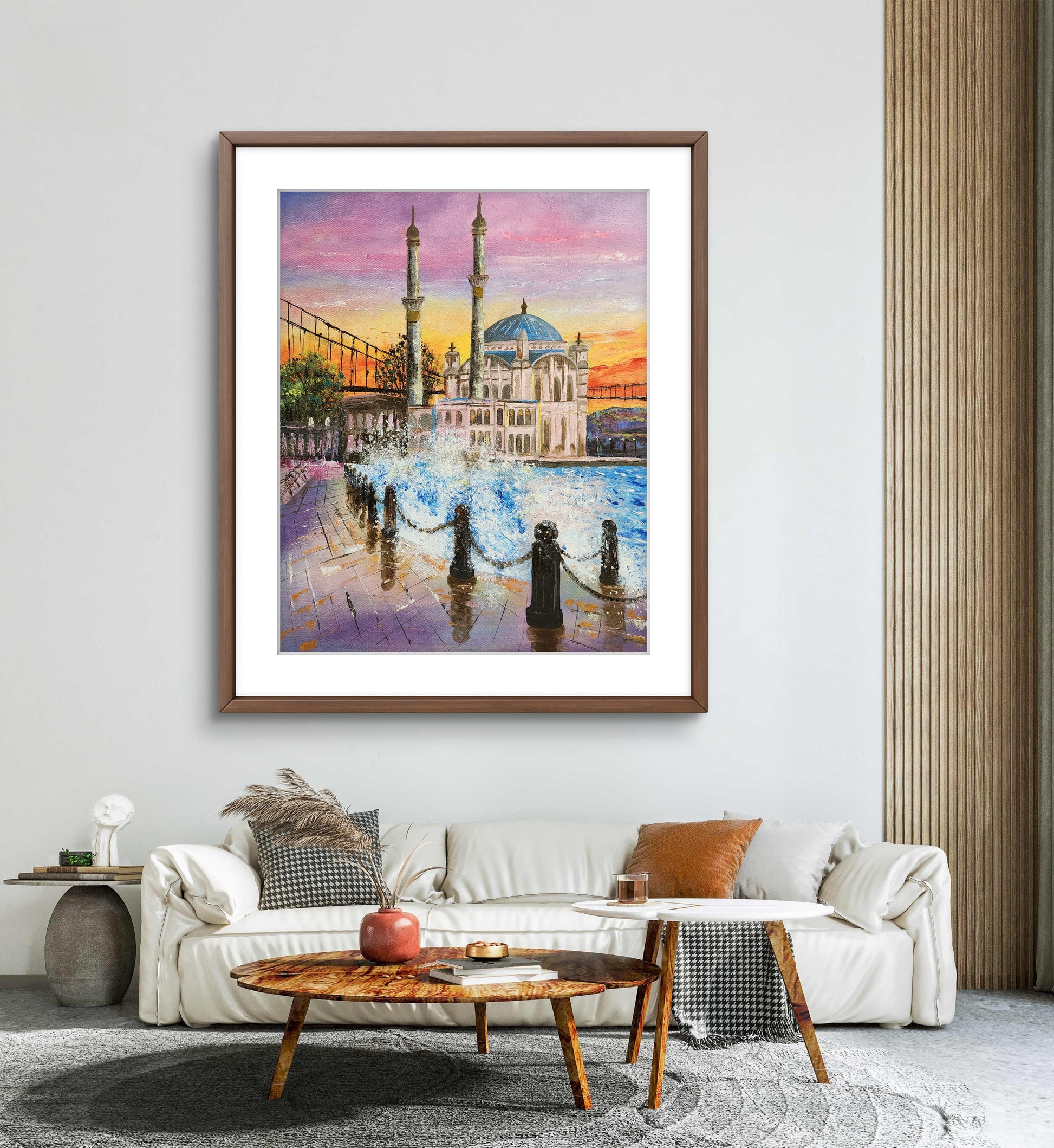A vibrant painting capturing the Ortaköy Mosque and the Bosphorus with a dynamic sunset sky and reflecting water. Waves crashing on the shore. Wall art home decor.
