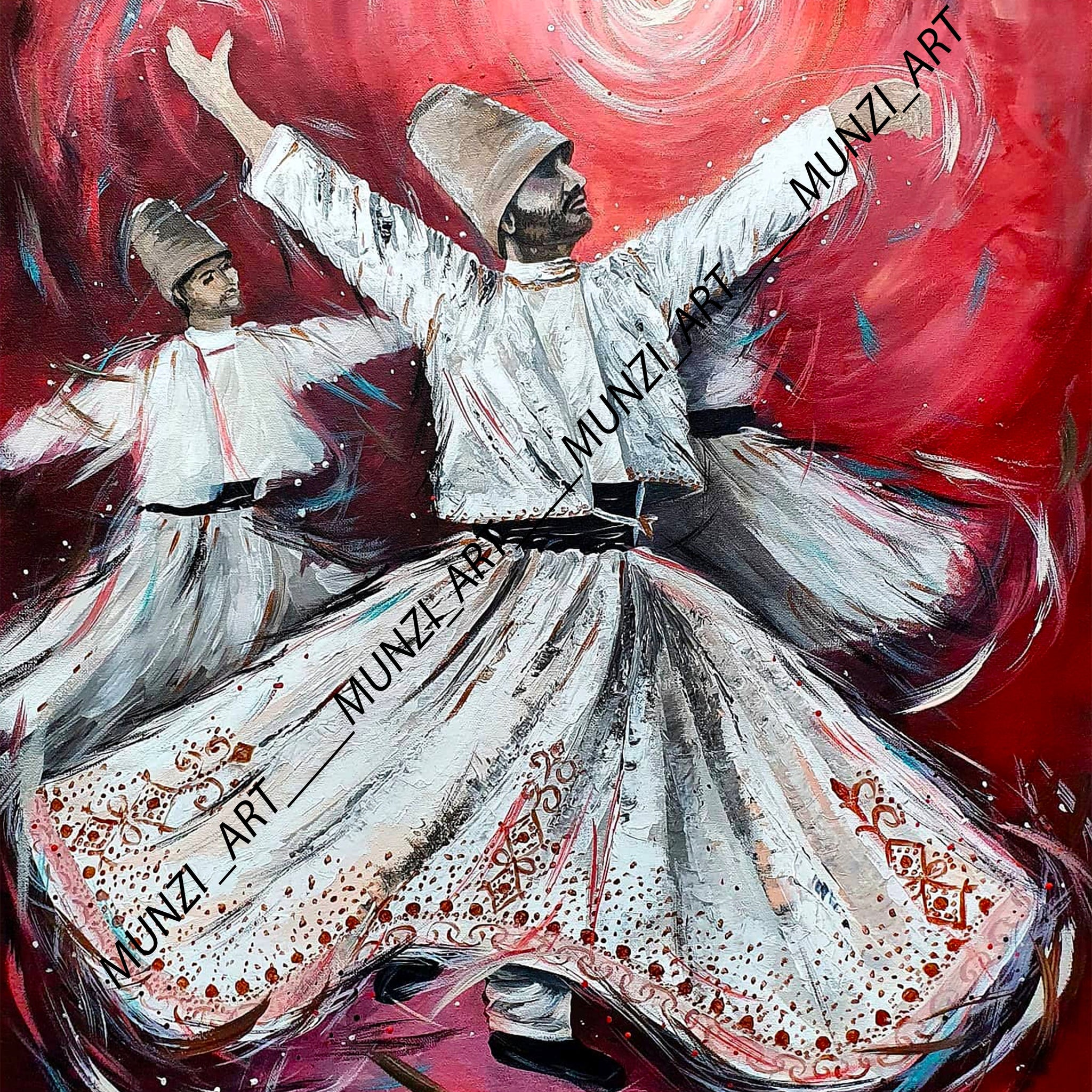 A vibrant visual artwork featuring two figures in white traditional clothing whirling against a dynamic red background, expressive of the described spiritual and artistic inspirational dance of Rumi. The whirling Dervishes spinning around in a trance like meditation.