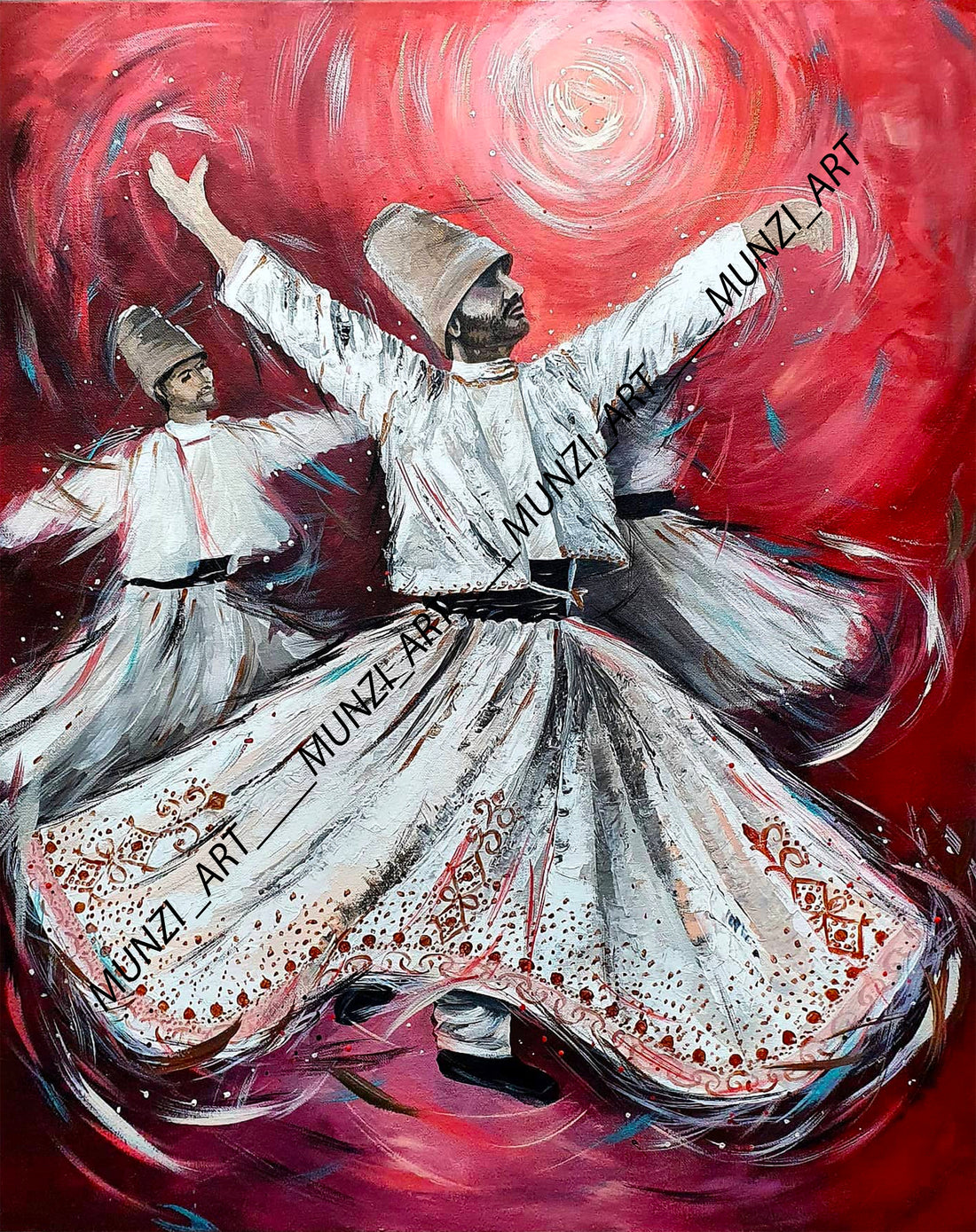 A vibrant visual artwork featuring two figures in white traditional clothing whirling against a dynamic red background, expressive of the described spiritual and artistic inspirational dance of Rumi. The whirling Dervishes spinning around in a trance like meditation.