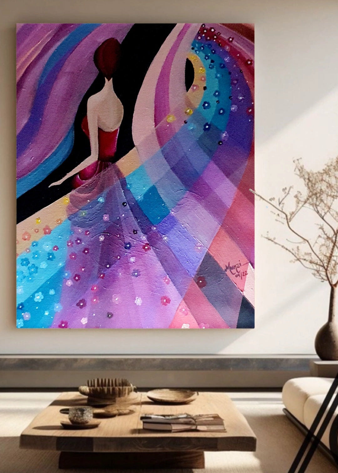 Original vibrant abstract artwork featuring a female figure in a flowing red and pink dress with embedded flowers, set against a dynamic multicolored background.
Artwork for home, office, studio. Red, orange, pink, blue waves. Interior design interior decorations. Wall art in a modern living room with coffee table and sofa
