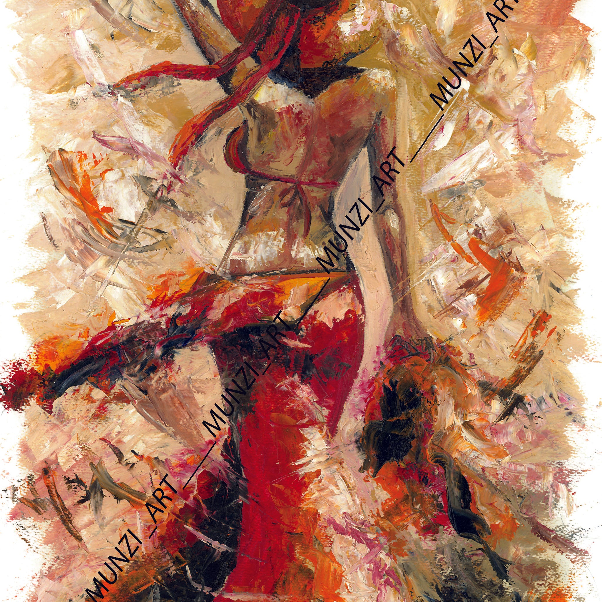 A piece of original artwork featuring a stylized, abstract female figure in a flowing dress with a wide-brimmed hat, rendered in warm, fiery tones with bold brush strokes, capturing the essence of summer. Flowing windy warm paint strokes. Home decor and wall art.