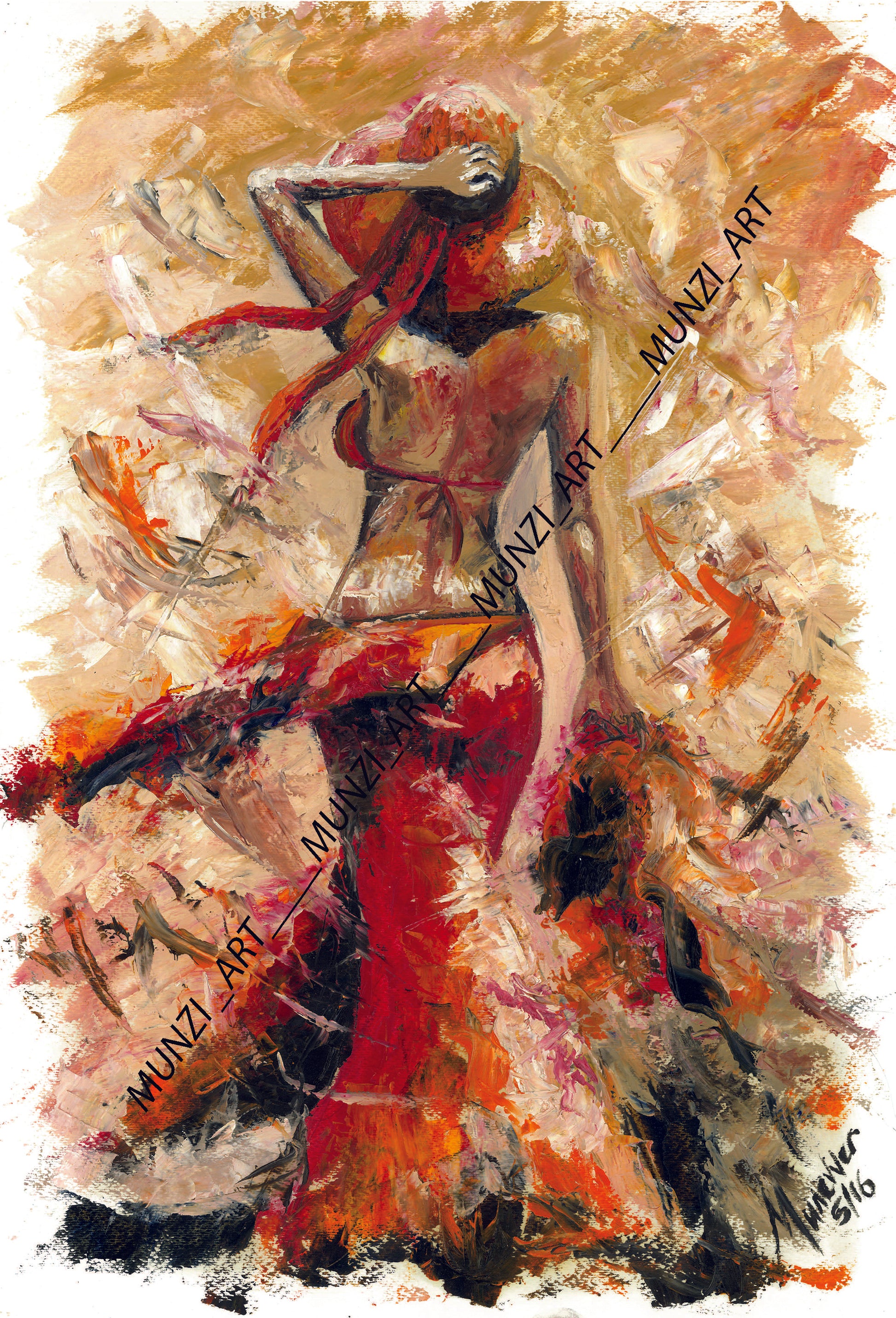 A piece of original artwork featuring a stylized, abstract female figure in a flowing dress with a wide-brimmed hat, rendered in warm, fiery tones with bold brush strokes, capturing the essence of summer. Flowing windy warm paint strokes. Home decor and wall art.