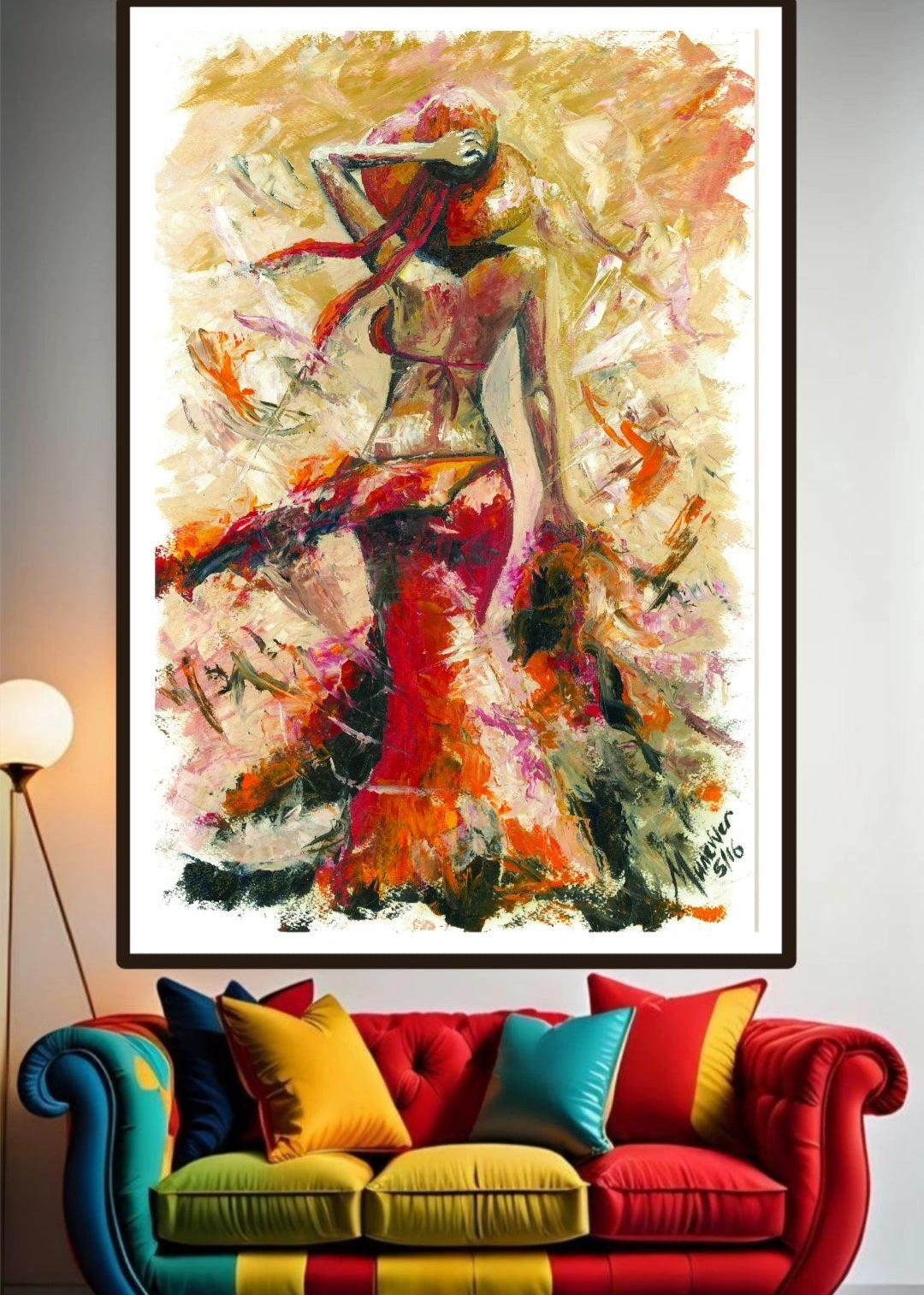 A piece of original artwork featuring a stylized, abstract female figure in a flowing dress with a wide-brimmed hat, rendered in warm, fiery tones with bold brush strokes, capturing the essence of summer. Flowing windy warm paint strokes. Home decor and wall art.