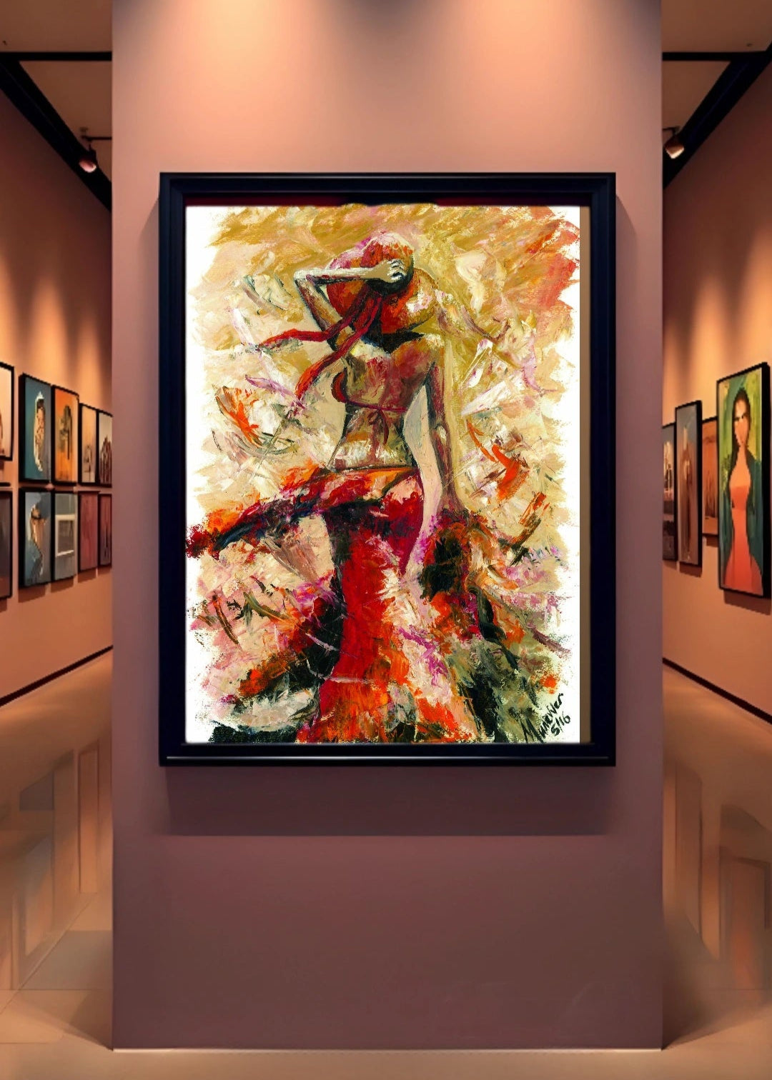 Framed abstract painting on a wall in an art gallery.A piece of original artwork featuring a stylized, abstract female figure in a flowing dress with a wide-brimmed hat, rendered in warm, fiery tones with bold brush strokes, capturing the essence of summer. Flowing windy warm paint strokes. Home decor and wall art.