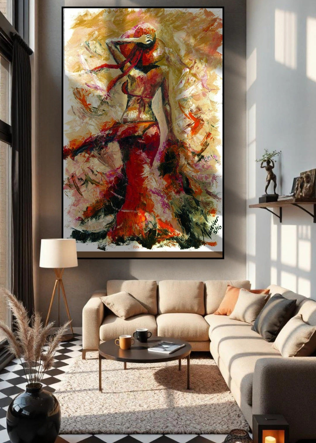 A piece of original artwork featuring a stylized, abstract female figure in a flowing dress with a wide-brimmed hat, rendered in warm, fiery tones with bold brush strokes, capturing the essence of summer. Flowing windy warm paint strokes. Home decor and wall art.
