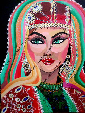 A vibrant original painting of a woman dressed in traditional Anatolian costume with intricate embellishments and jewelry. Her red fez has shining embellishments and diamonties. Art decor, wall art. Home or office decorations.