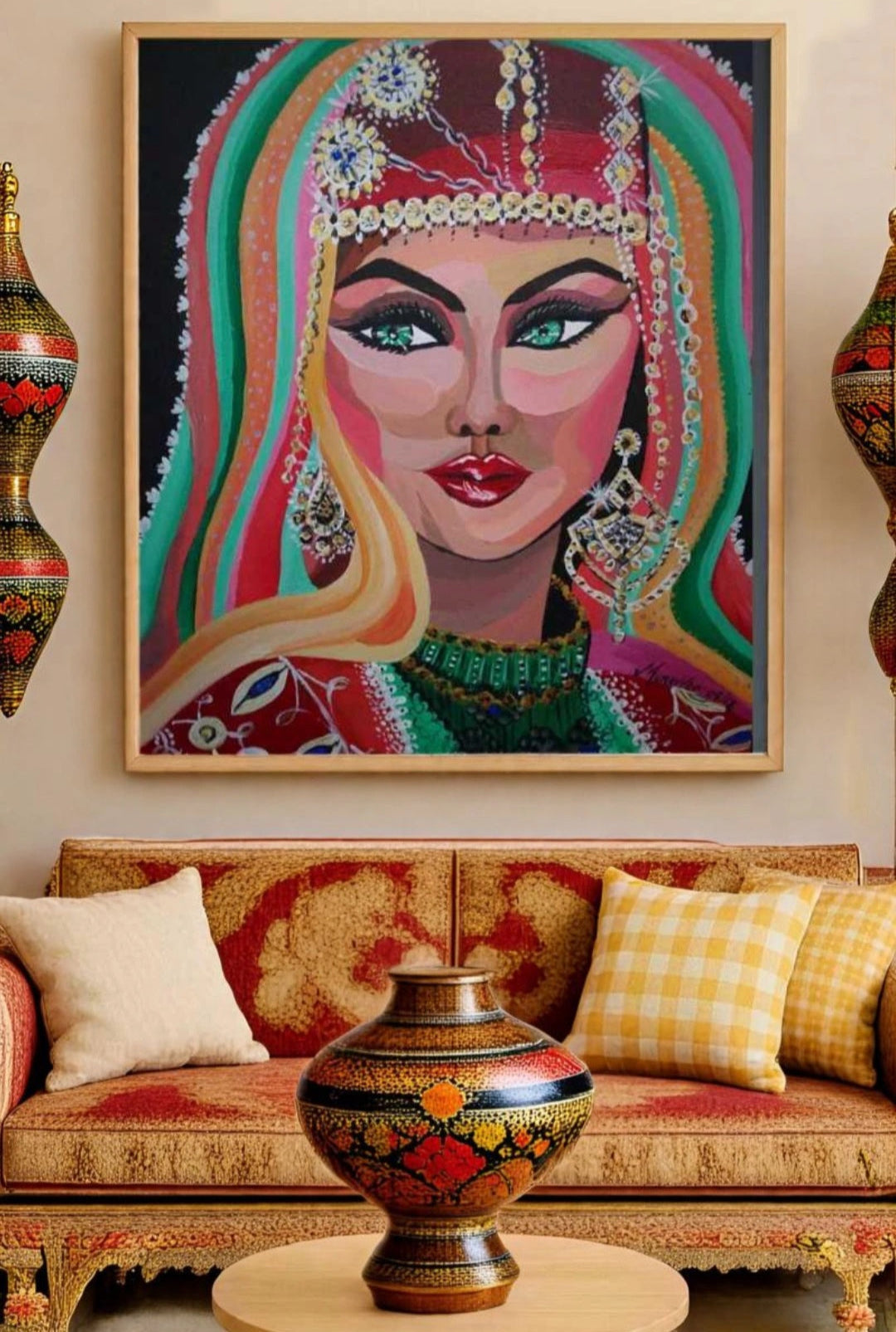 A vibrant original painting of a woman's face dressed in traditional Anatolian costume with intricate embellishments and jewelry hanging on the wall of a typical Turkish style loungeroom with ornamental vases. Her red fez has shining embellishments and diamonties. Art decor, wall art. Home or office decorations.