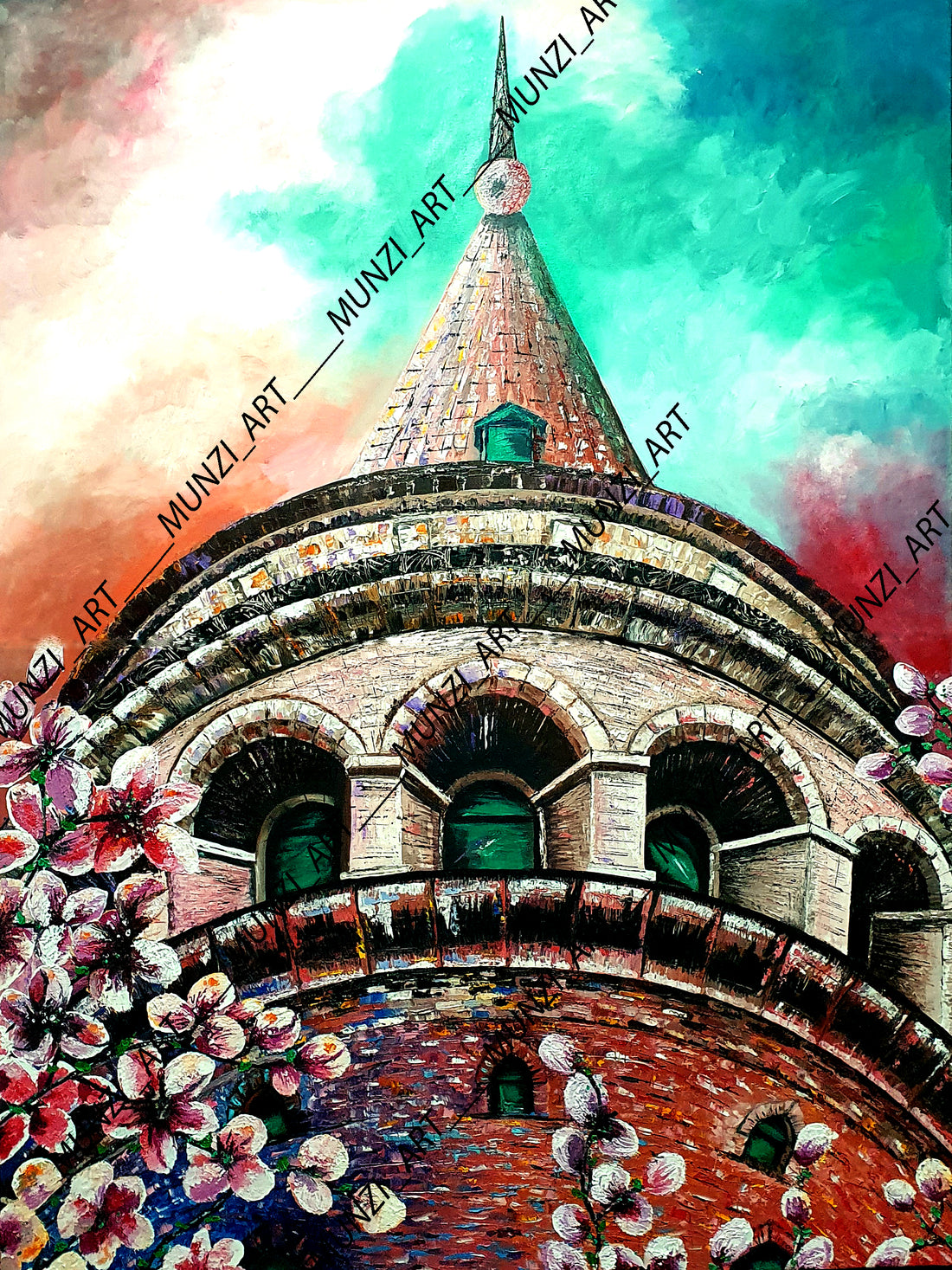 An original painting of The Galata Tower in Istanbul, featuring cherry blossoms and a dramatic sky. Art decor for home and office.