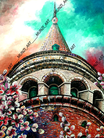 An original painting of The Galata Tower in Istanbul, featuring cherry blossoms and a dramatic sky. Art decor for home and office.