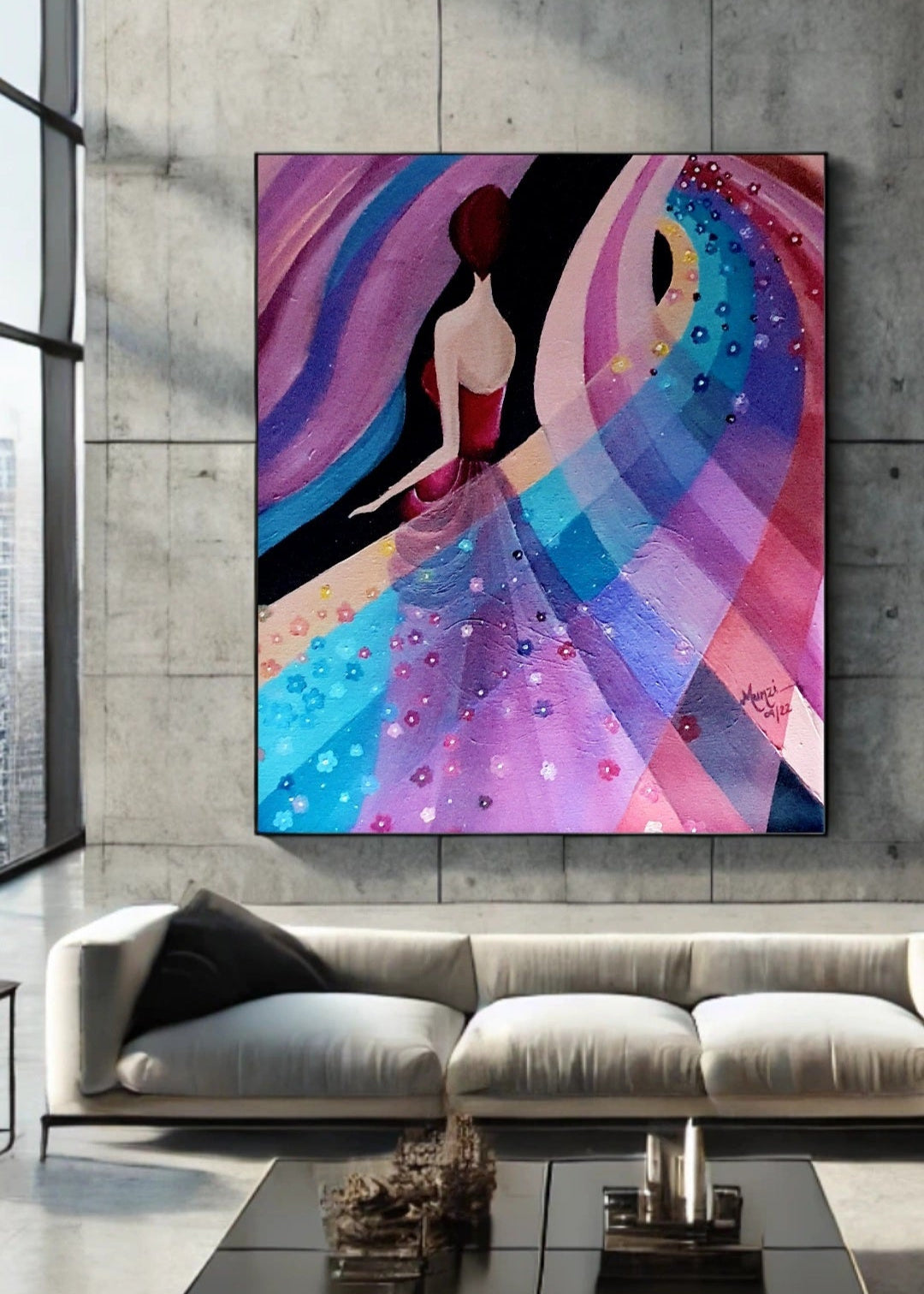 Colorful abstract painting on a wall above a modern sofa in a living room.
Original vibrant abstract artwork featuring a female figure in a flowing red and pink dress with embedded flowers, set against a dynamic multicolored background.
Artwork for home, office, studio. Red, orange, pink, blue waves. Interior design interior decorations. Wall art. Art collectors sales