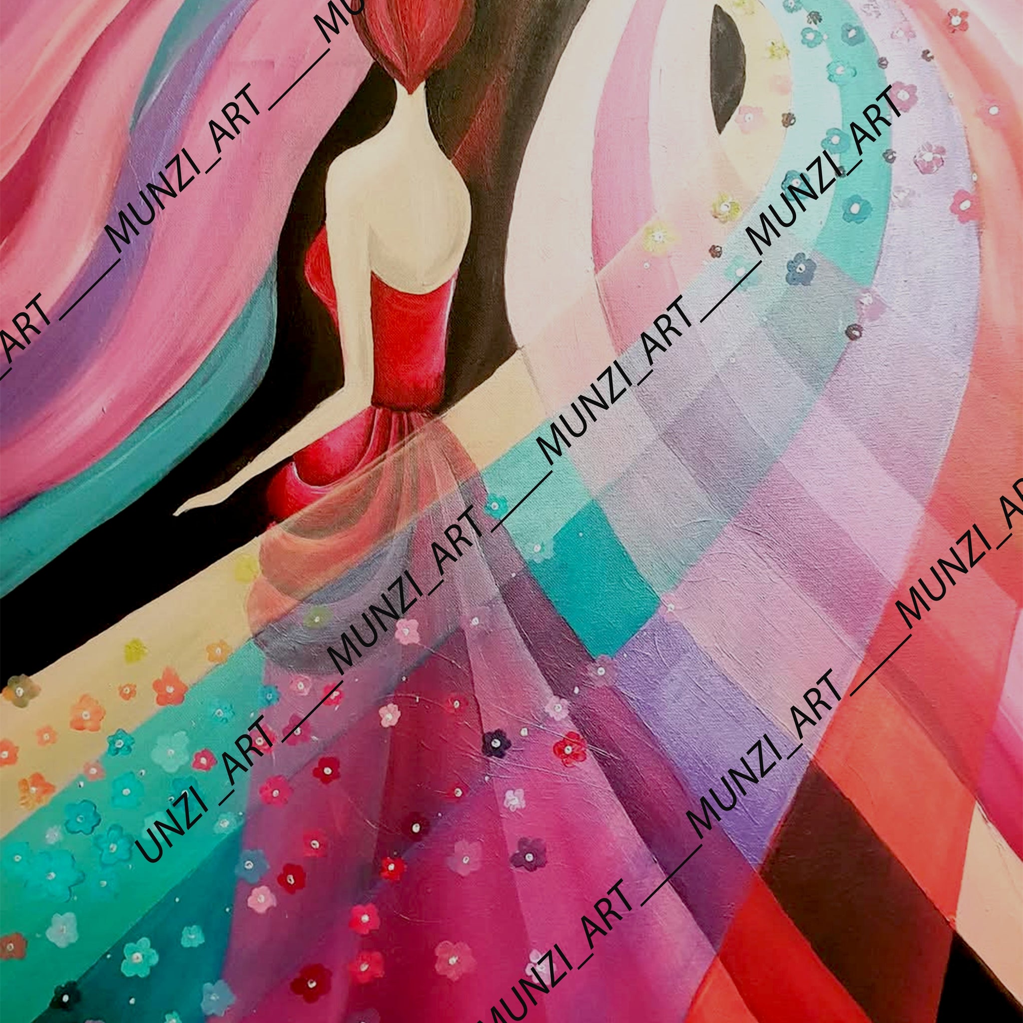 Original vibrant abstract artwork featuring a female figure in a flowing red and pink dress with embedded flowers, set against a dynamic multicolored background.
Artwork for home, office, studio. Red, orange, pink, blue waves. Interior design interior decorations. Wall art. Art collectors sales