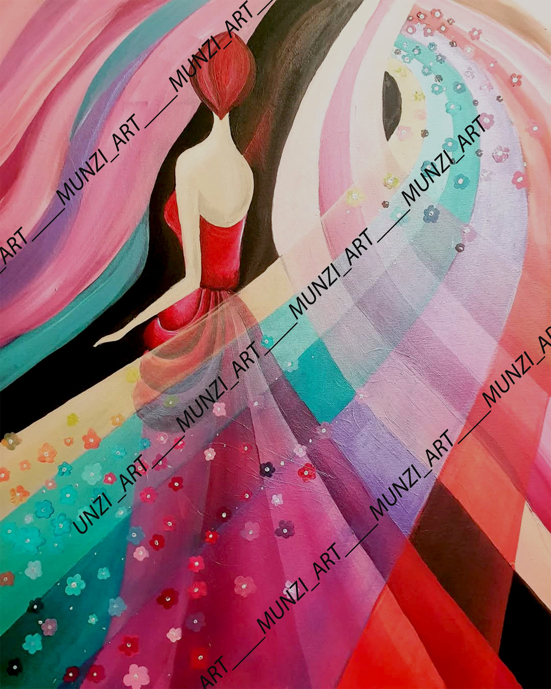 Original vibrant abstract artwork featuring a female figure in a flowing red and pink dress with embedded flowers, set against a dynamic multicolored background.
Artwork for home, office, studio. Red, orange, pink, blue waves. Interior design interior decorations. Wall art. Art collectors sales