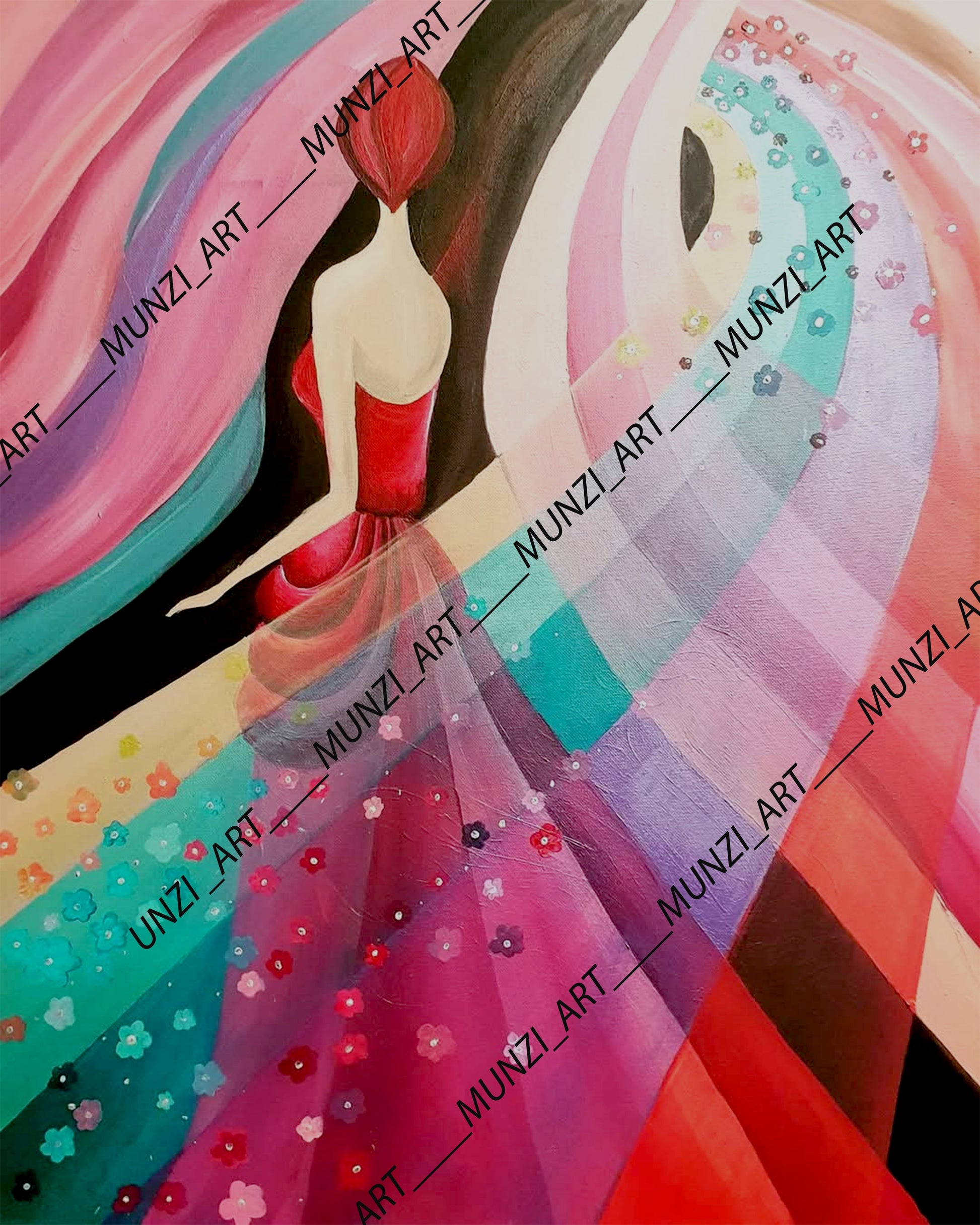 Original vibrant abstract artwork featuring a female figure in a flowing red and pink dress with embedded flowers, set against a dynamic multicolored background.
Artwork for home, office, studio. Red, orange, pink, blue waves. Interior design interior decorations. Wall art. Art collectors sales