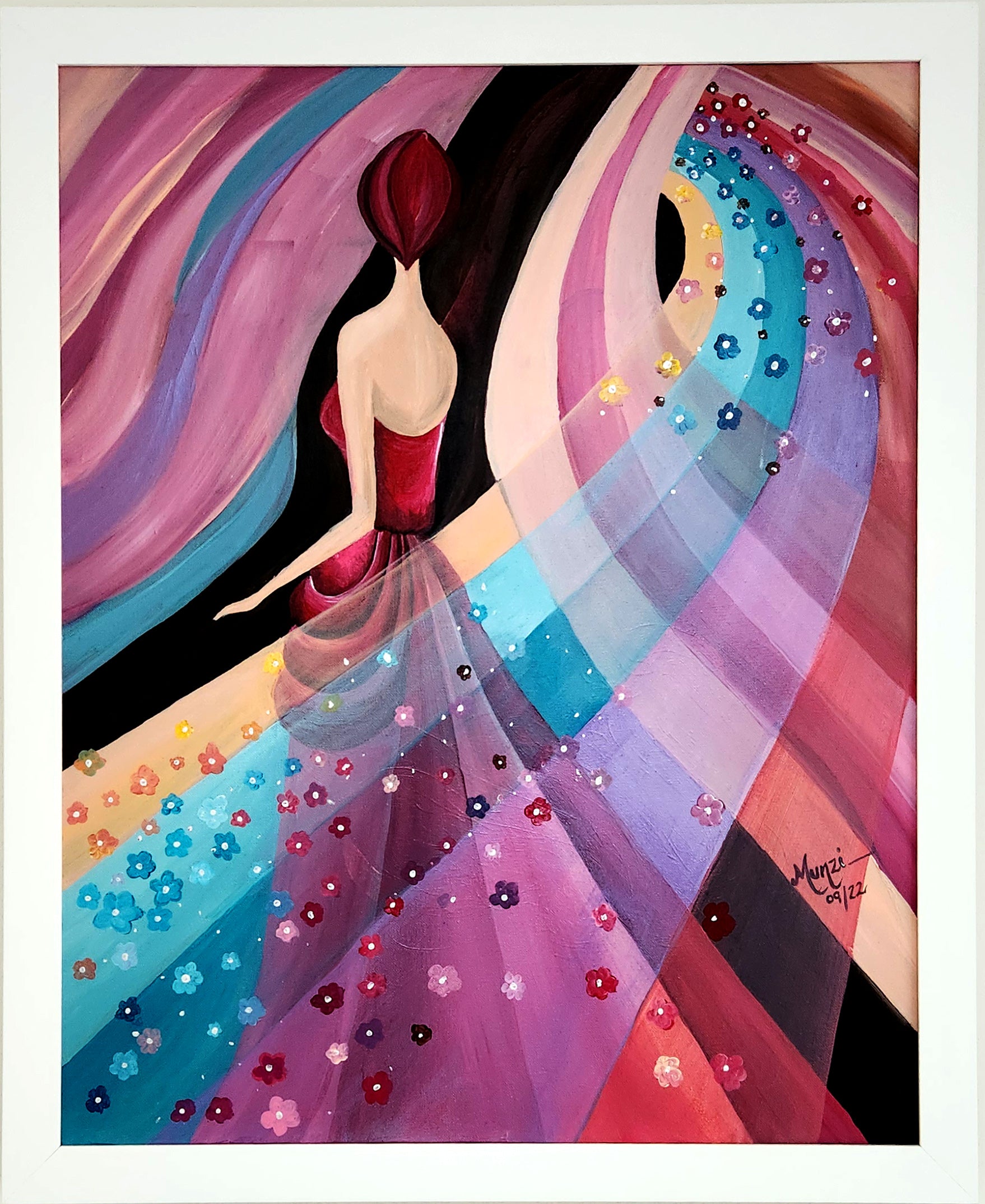 Original vibrant abstract artwork featuring a female figure in a flowing red and pink dress with embedded flowers, set against a dynamic multicolored background.
Artwork for home, office, studio. Red, orange, pink, blue waves. Interior design interior decorations. Wall art. Art collectors sales. White canvas frame