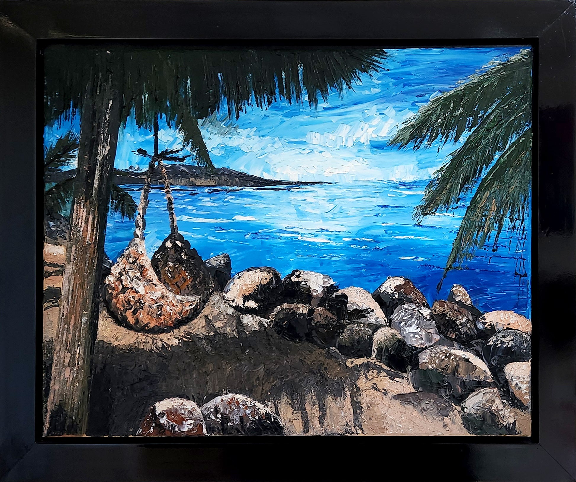 Original painting depicting a tropical scene with a woven hammock under palm fronds, with the ocean and rocks in the background. Blue beach water. Distant sunny horizon.
Wall artwork. Home or office decor. Interior design inspiration. Artwork wall art. 
Art collectors. Beach scenes in Fiji islands