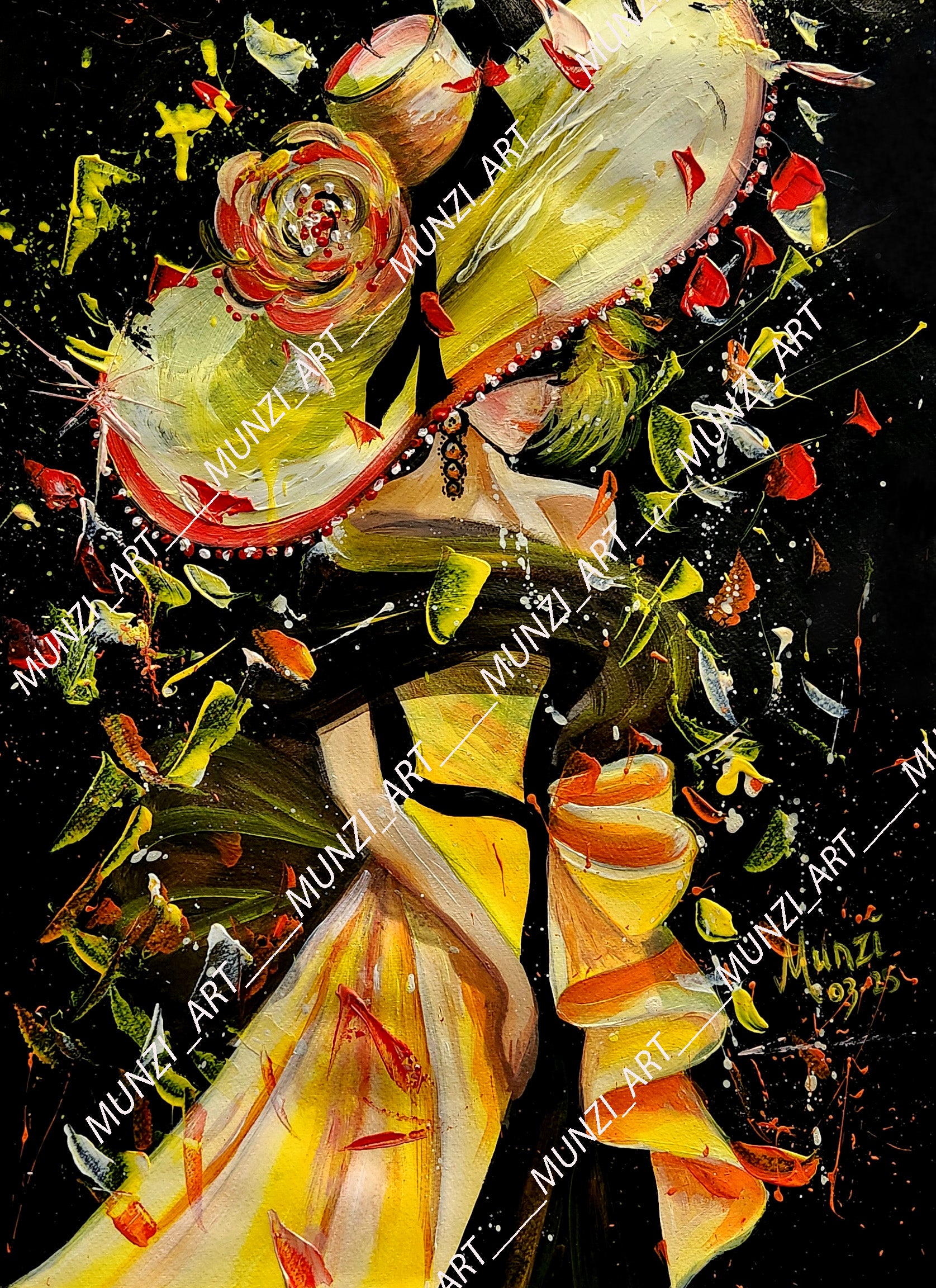 Colorful abstract painting of a woman wearing a big, elegant hat full of movement and golden paint splashes. Great for home or office decor. Wall art to inspire
