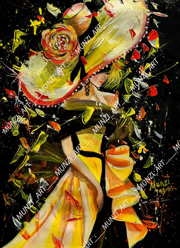 Colorful abstract painting of a woman wearing a big, elegant hat full of movement and golden paint splashes. Great for home or office decor. Wall art to inspire