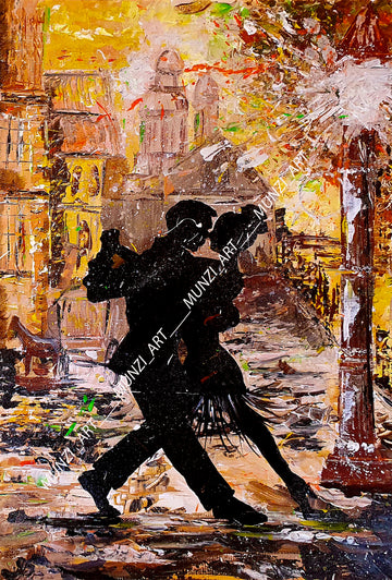 A painting depicting a silhouetted couple dancing under a golden moonlit sky, with a cityscape in the background. Art golden hues. Motion dance. Couples dance. Interior design. Wall art and wall decor. Move in motion.
